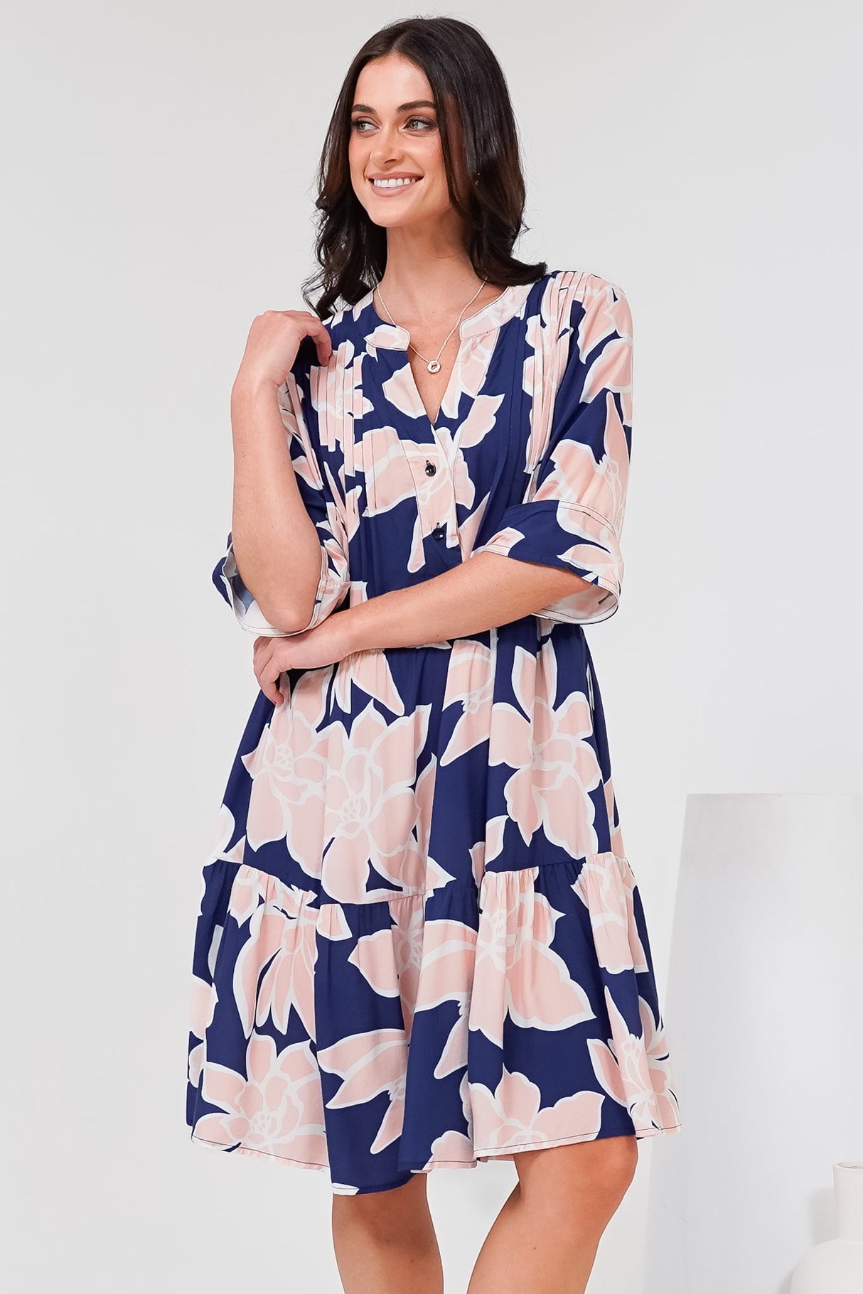 Evie Mini Dress - 3/4 Sleeve Tiered Smock Dress in Jetson Print Navy