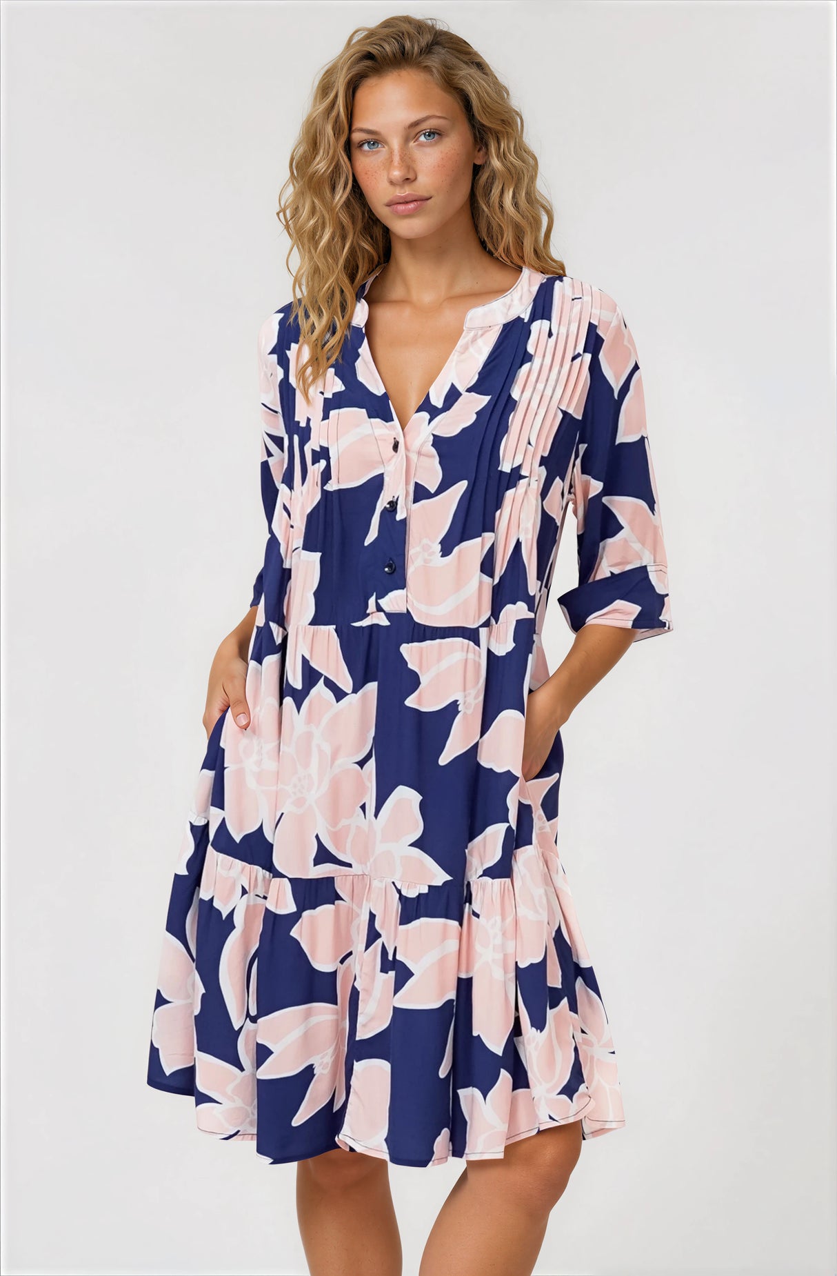 Evie Mini Dress - 3/4 Sleeve Tiered Smock Dress in Jetson Print Navy