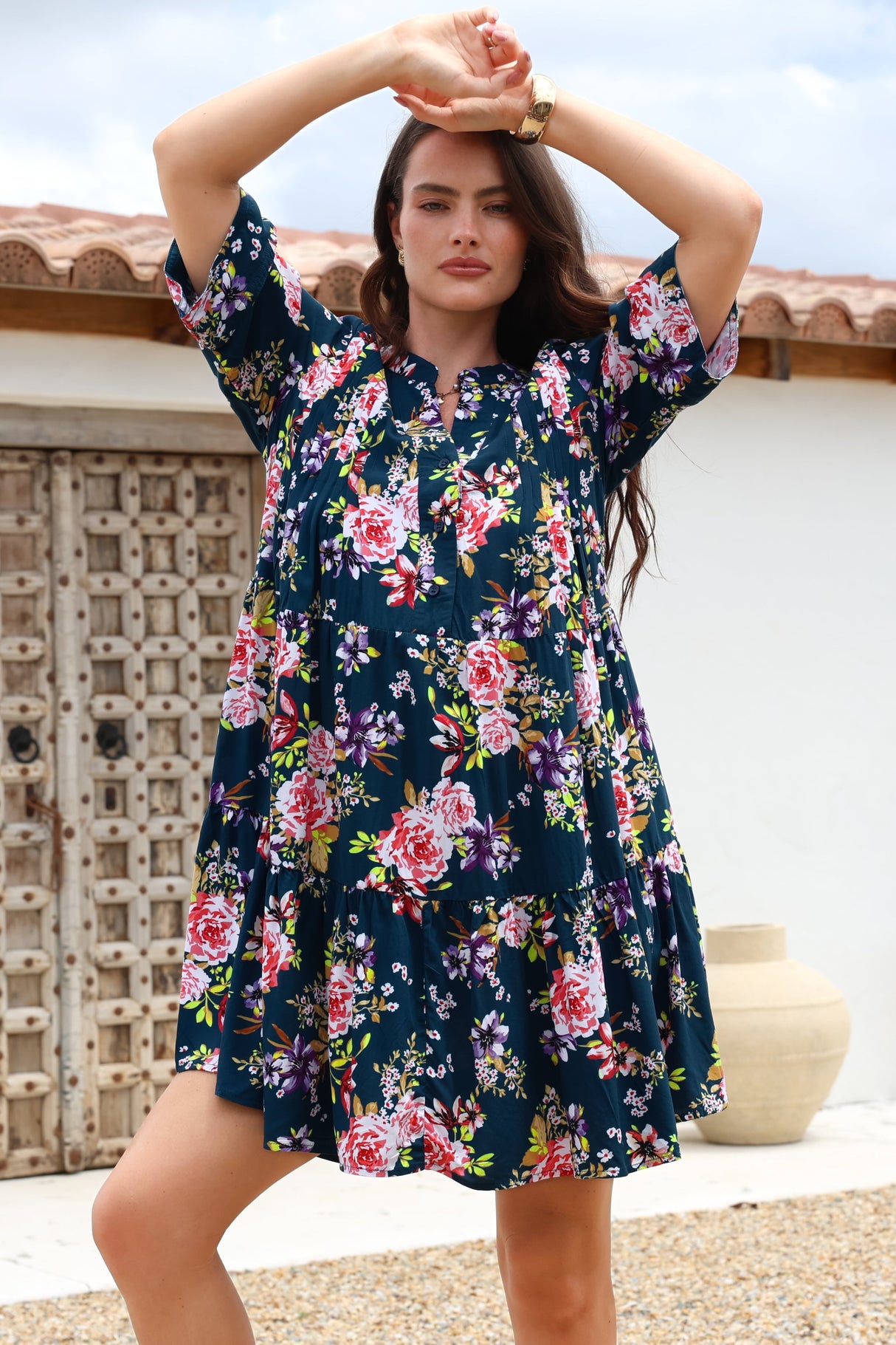 Evie Mini Dress - 3/4 Sleeve Tiered Smock Dress in Virginia Print Navy
