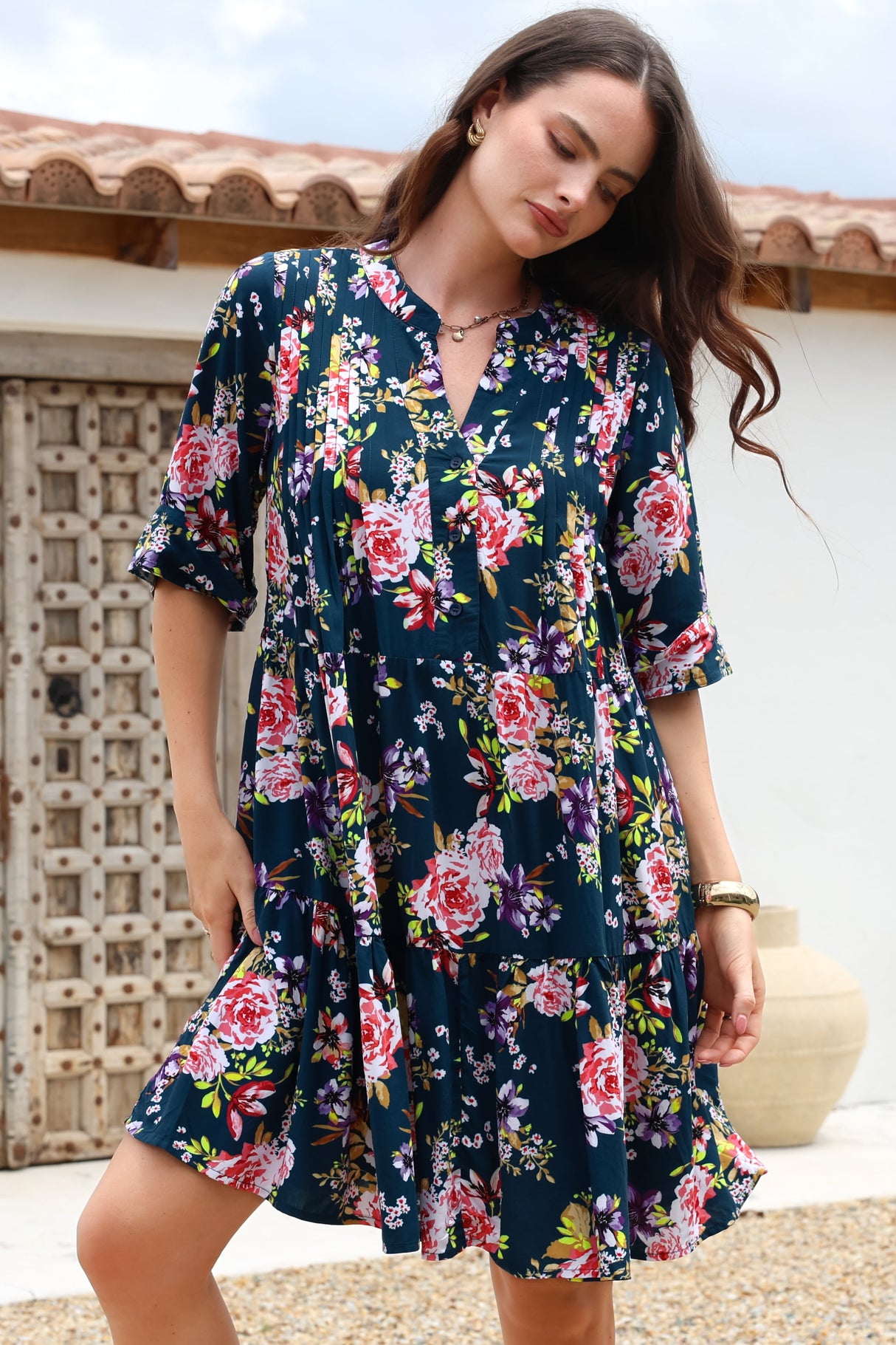 Evie Mini Dress - 3/4 Sleeve Tiered Smock Dress in Virginia Print Navy