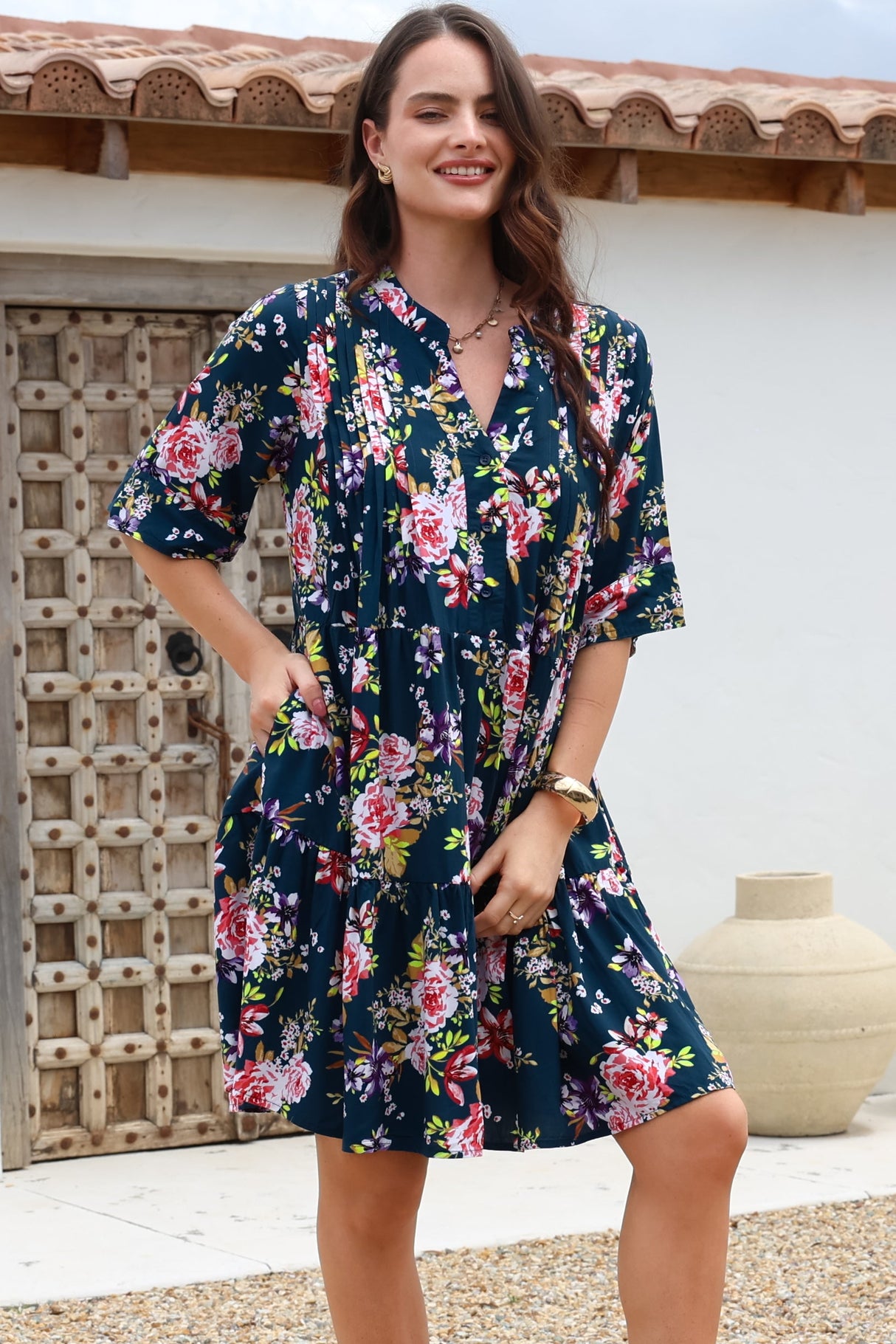 Evie Mini Dress - 3/4 Sleeve Tiered Smock Dress in Virginia Print Navy