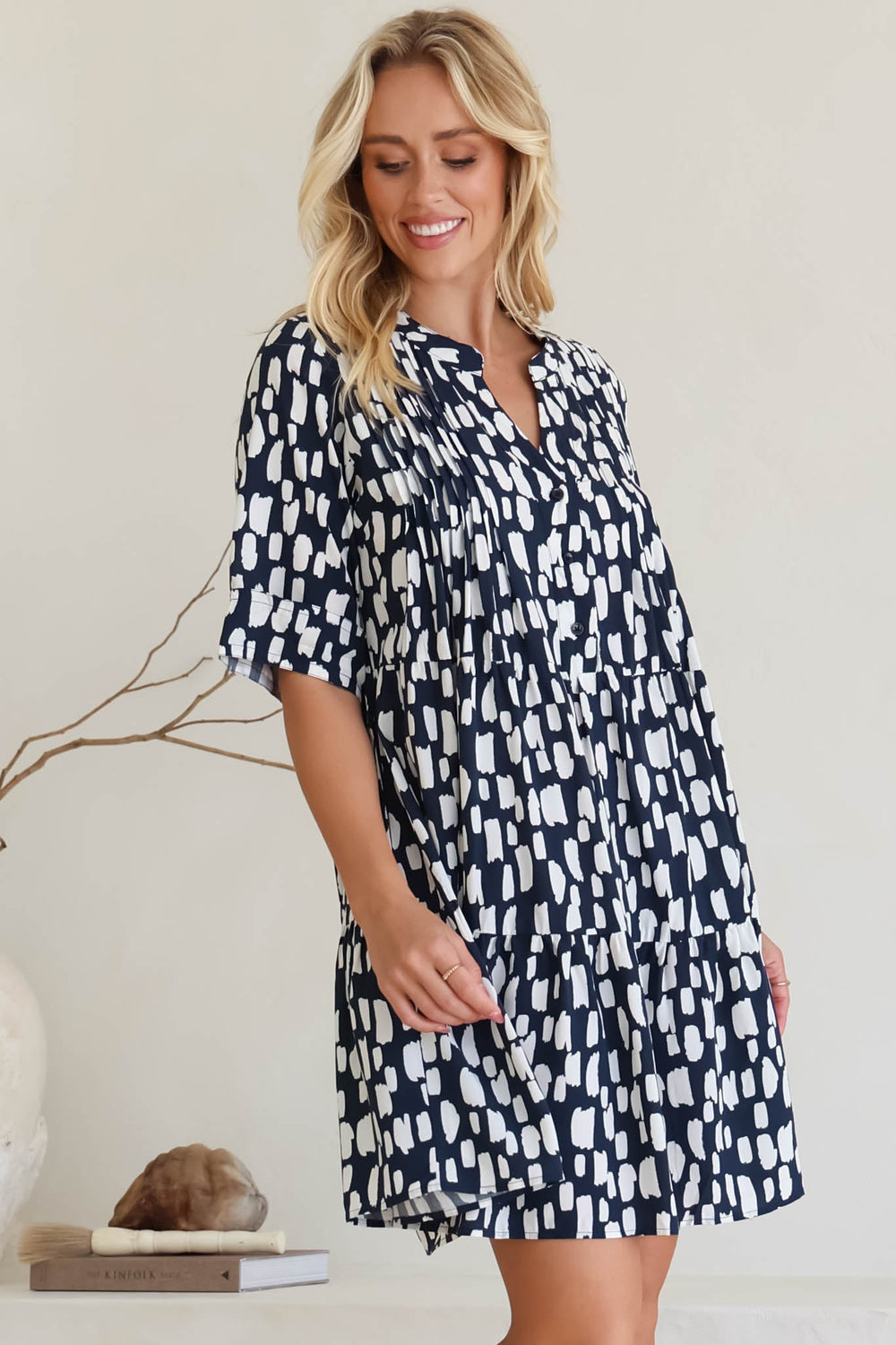 Evie Mini Dress - 3/4 Sleeve Tiered Smock Dress in Navy