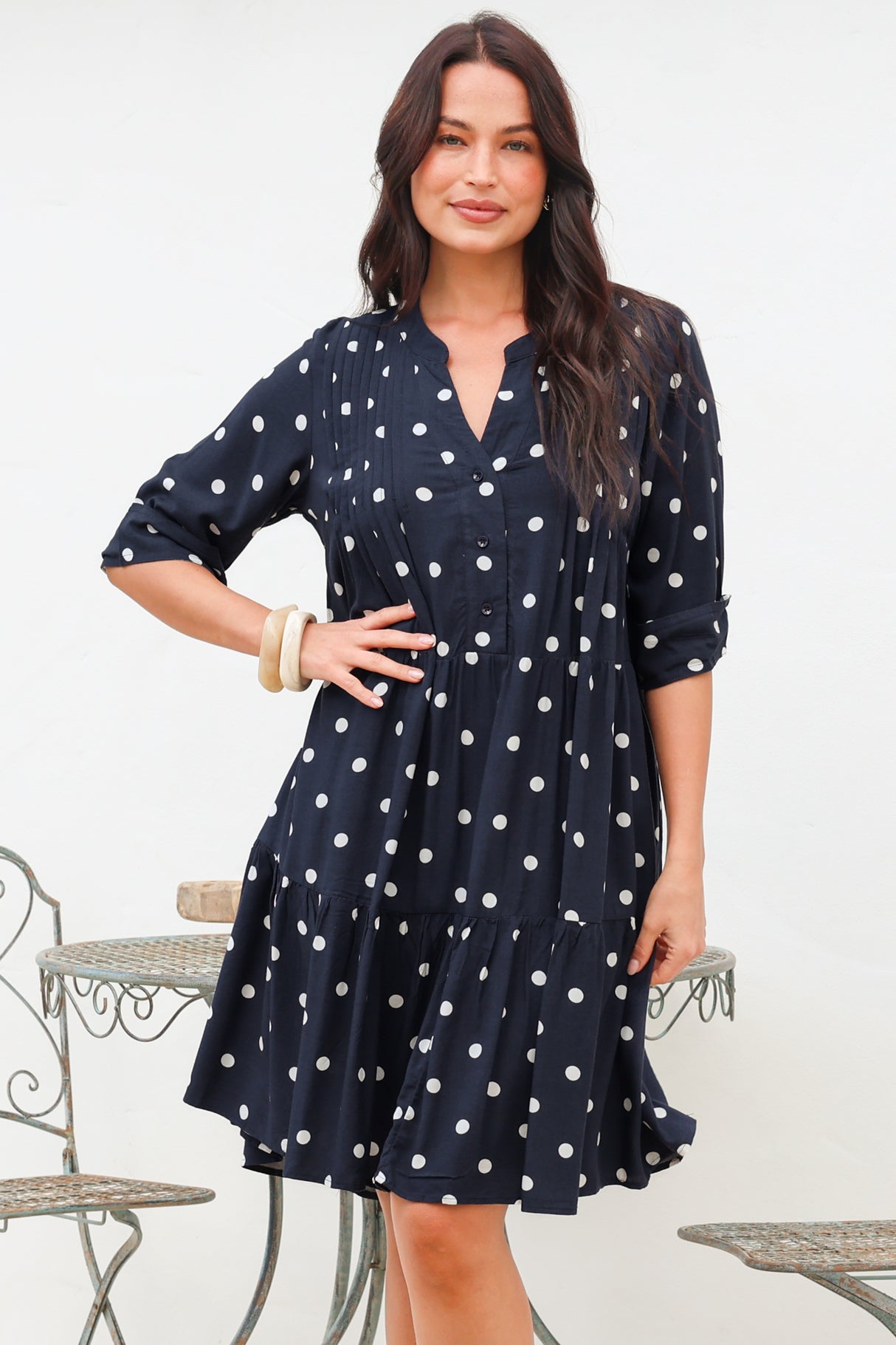 Evie Mini Dress - 3/4 Sleeve Tiered Smock Dress in Parisian Polka Navy