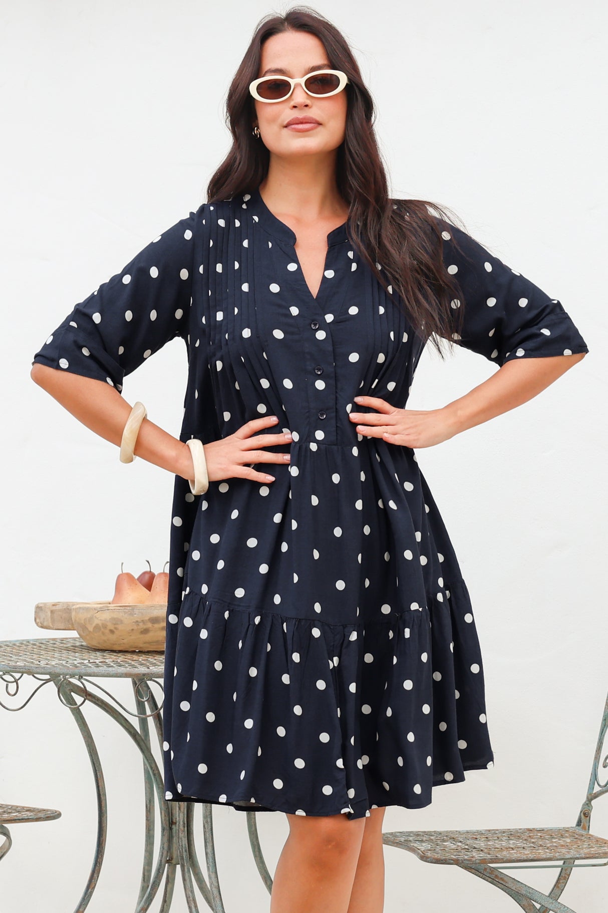 Evie Mini Dress - 3/4 Sleeve Tiered Smock Dress in Parisian Polka Navy