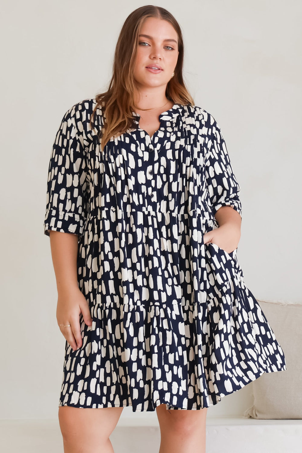 Evie Mini Dress - 3/4 Sleeve Tiered Smock Dress in Navy