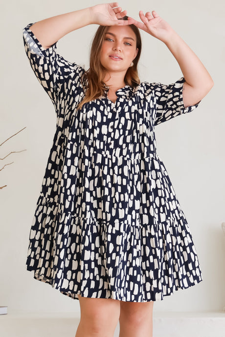 Evie Mini Dress - 3/4 Sleeve Tiered Smock Dress in Navy