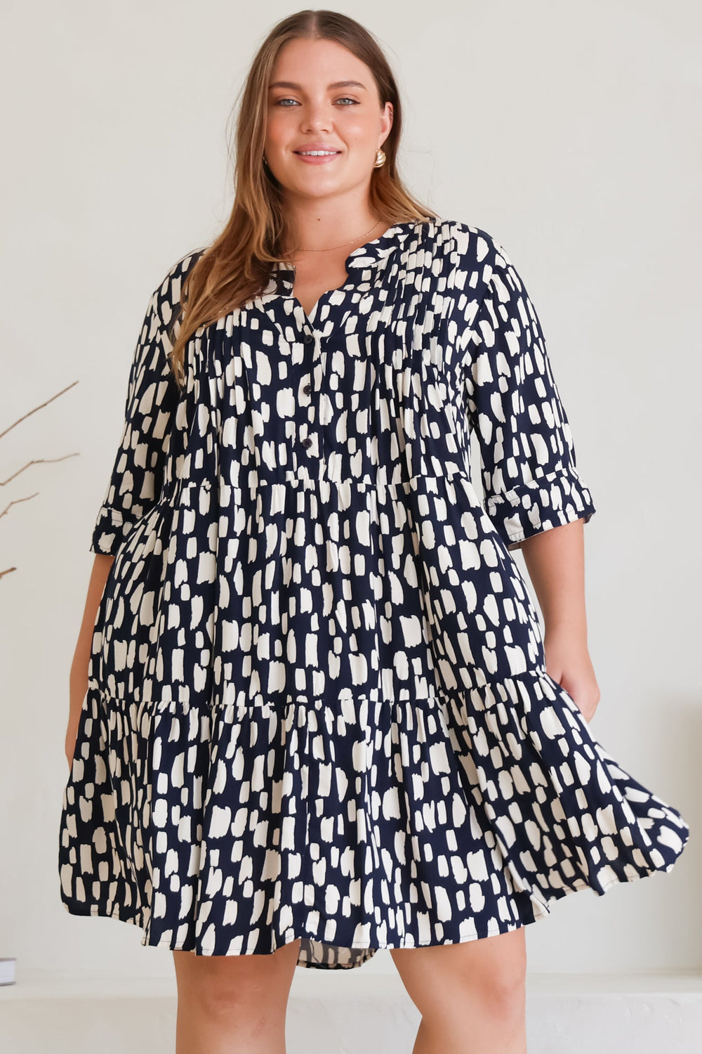 Evie Mini Dress - 3/4 Sleeve Tiered Smock Dress in Navy