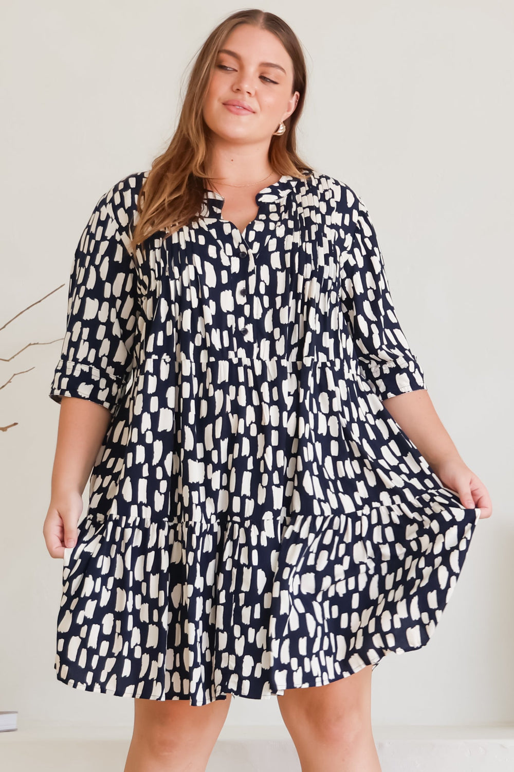 Evie Mini Dress - 3/4 Sleeve Tiered Smock Dress in Navy