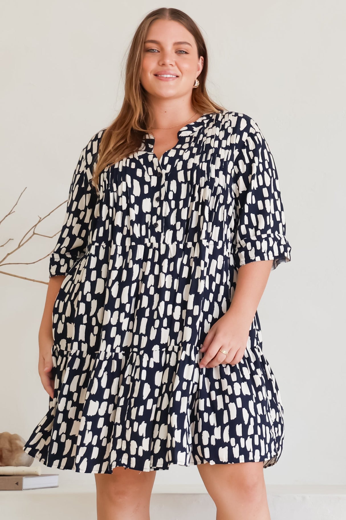 Evie Mini Dress - 3/4 Sleeve Tiered Smock Dress in Navy
