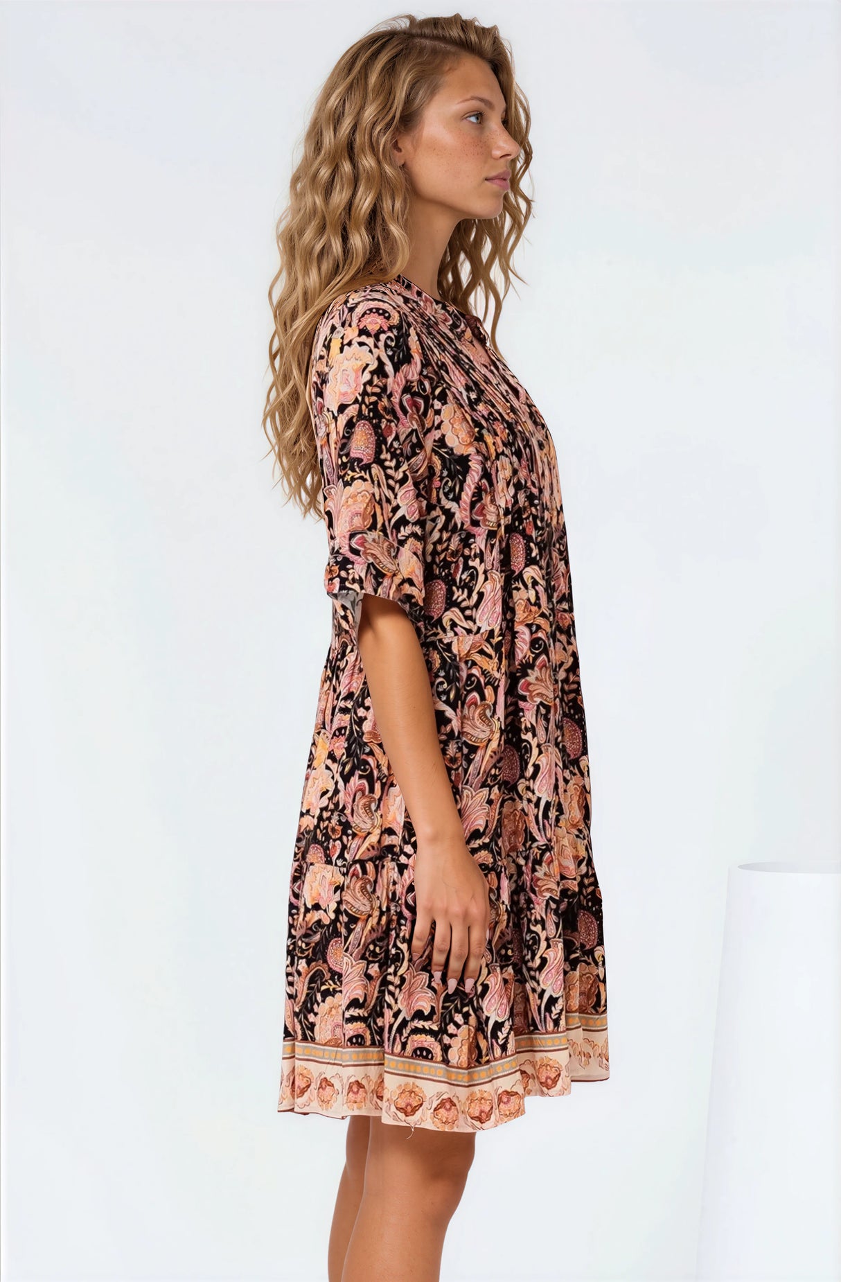 Evie Mini Dress - 3/4 Sleeve Tiered Smock Dress in Pree Print Black