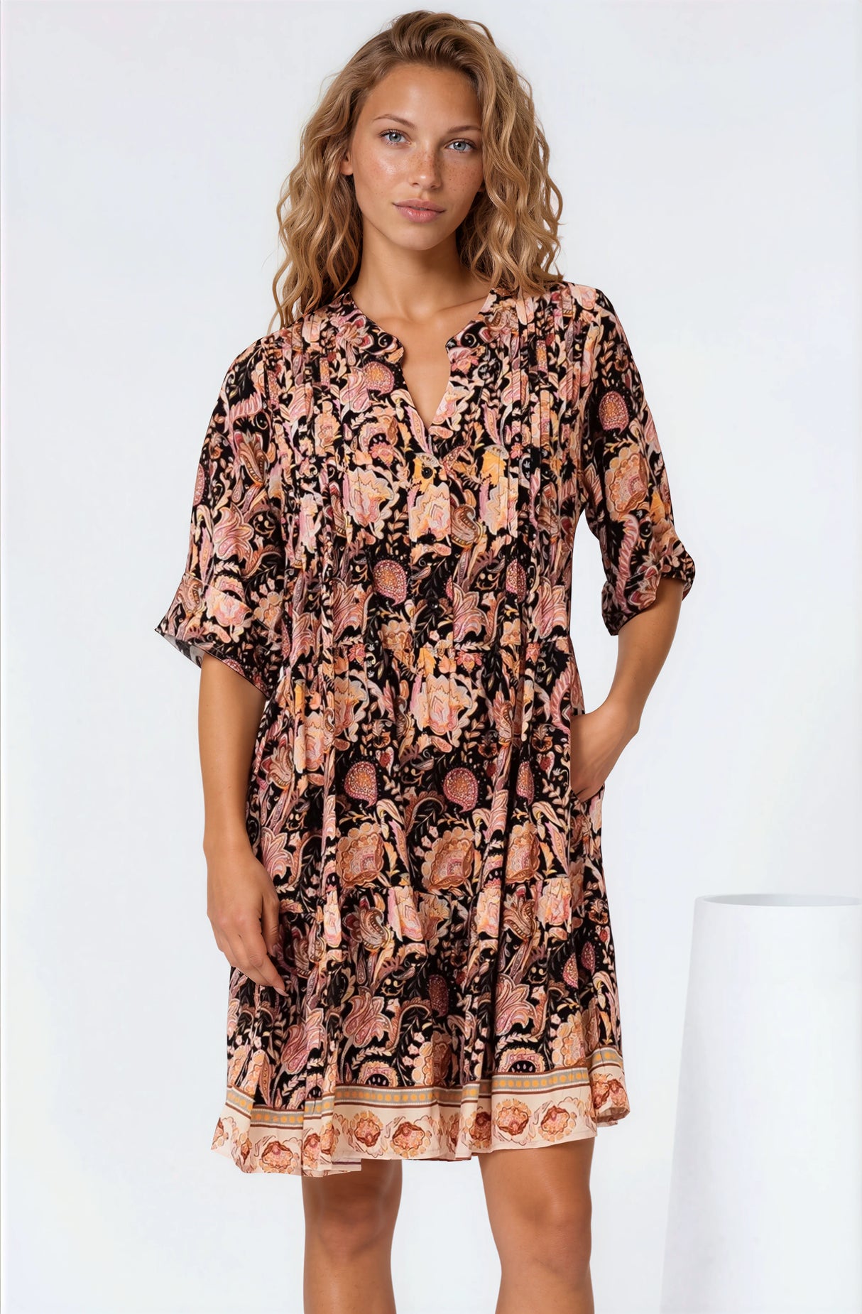 Evie Mini Dress - 3/4 Sleeve Tiered Smock Dress in Pree Print Black