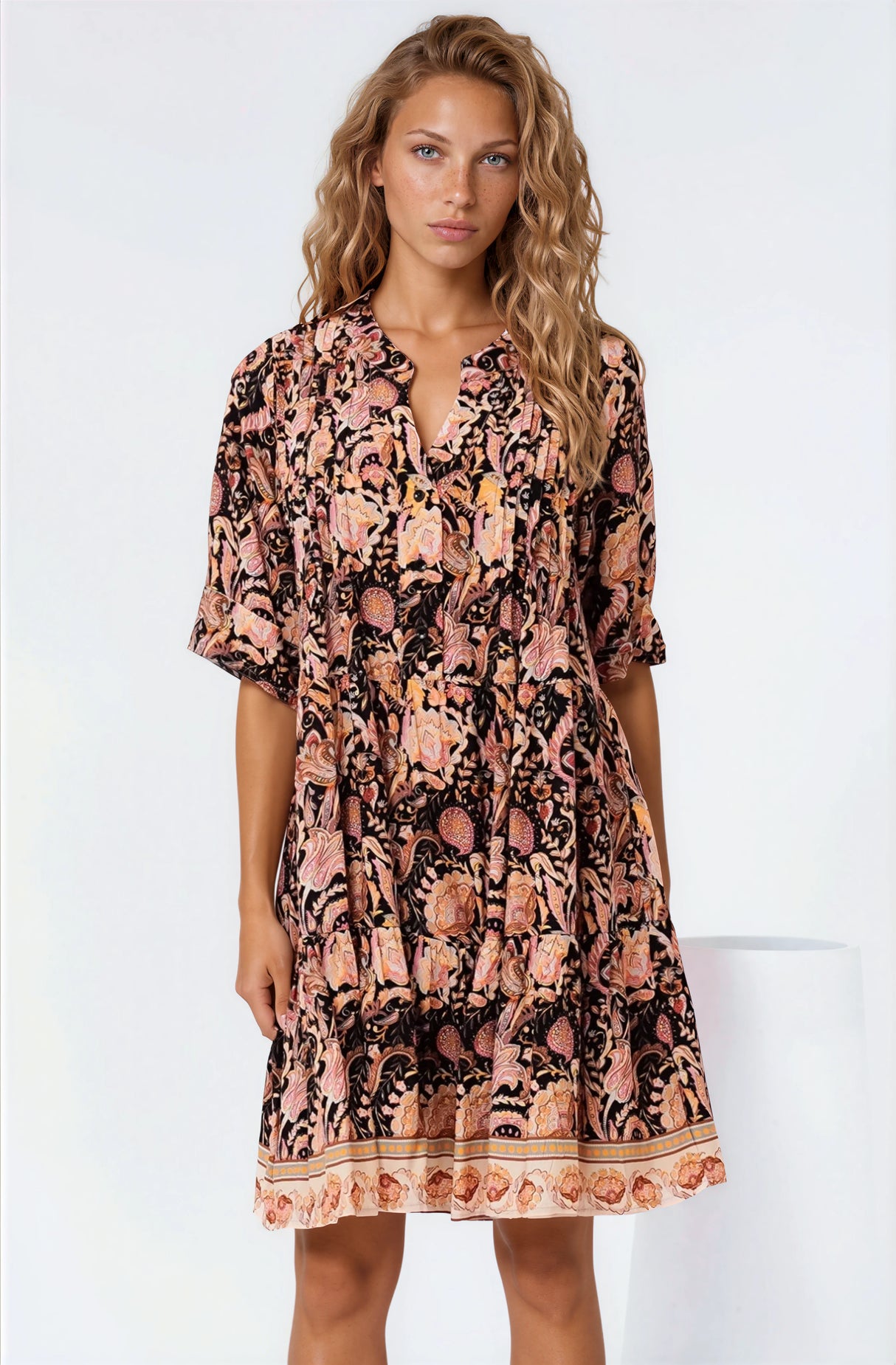 Evie Mini Dress - 3/4 Sleeve Tiered Smock Dress in Pree Print Black