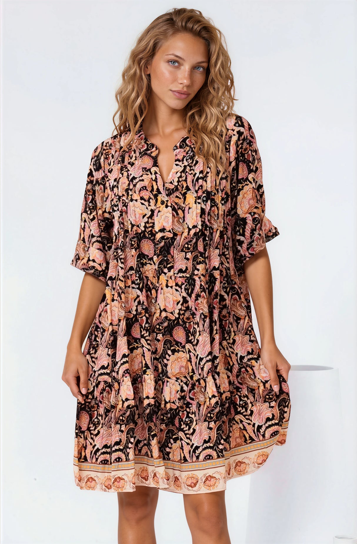 Evie Mini Dress - 3/4 Sleeve Tiered Smock Dress in Pree Print Black