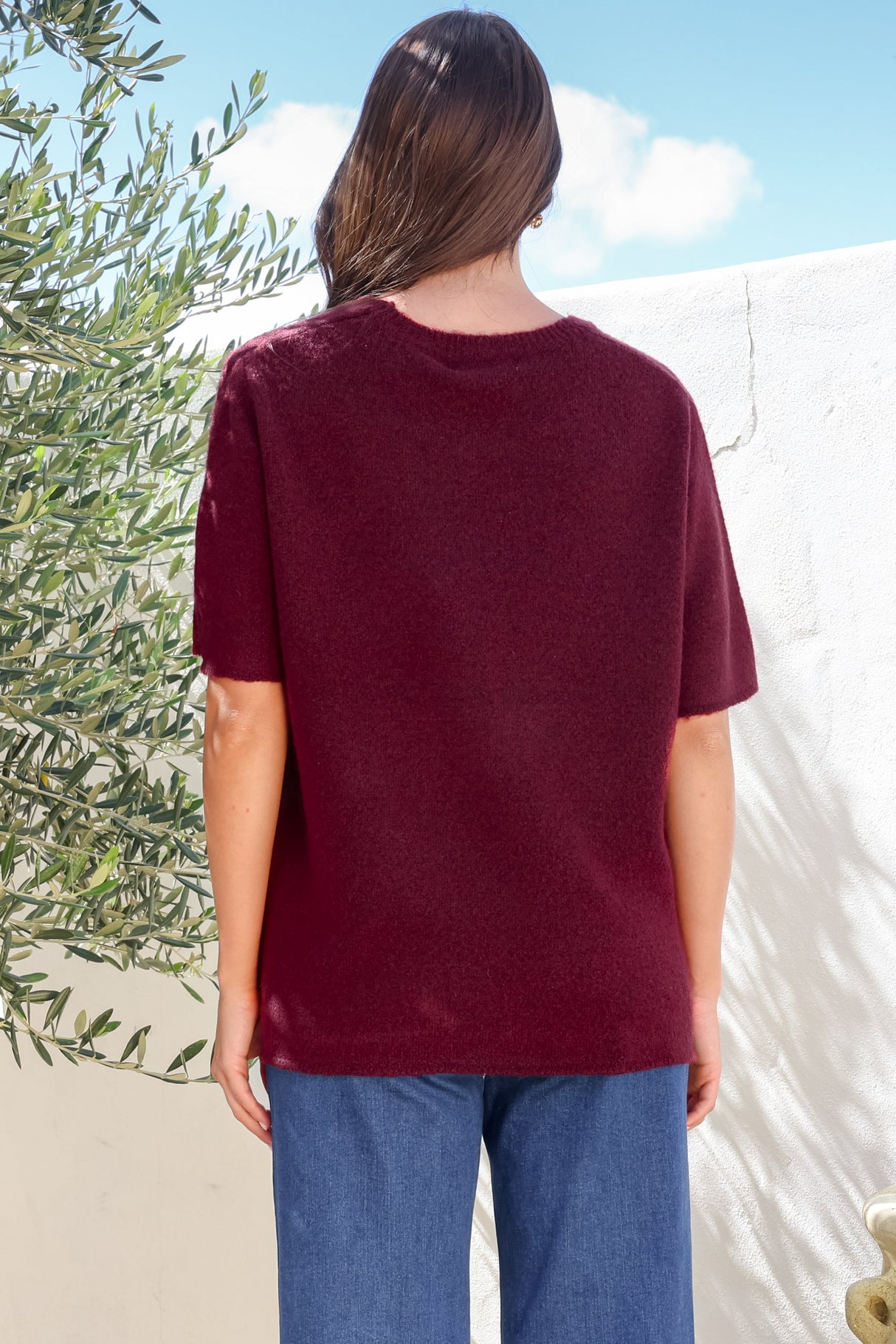 Fable Knit Top - Crew Neck Relaxed Super Soft Knit Tee in Wine