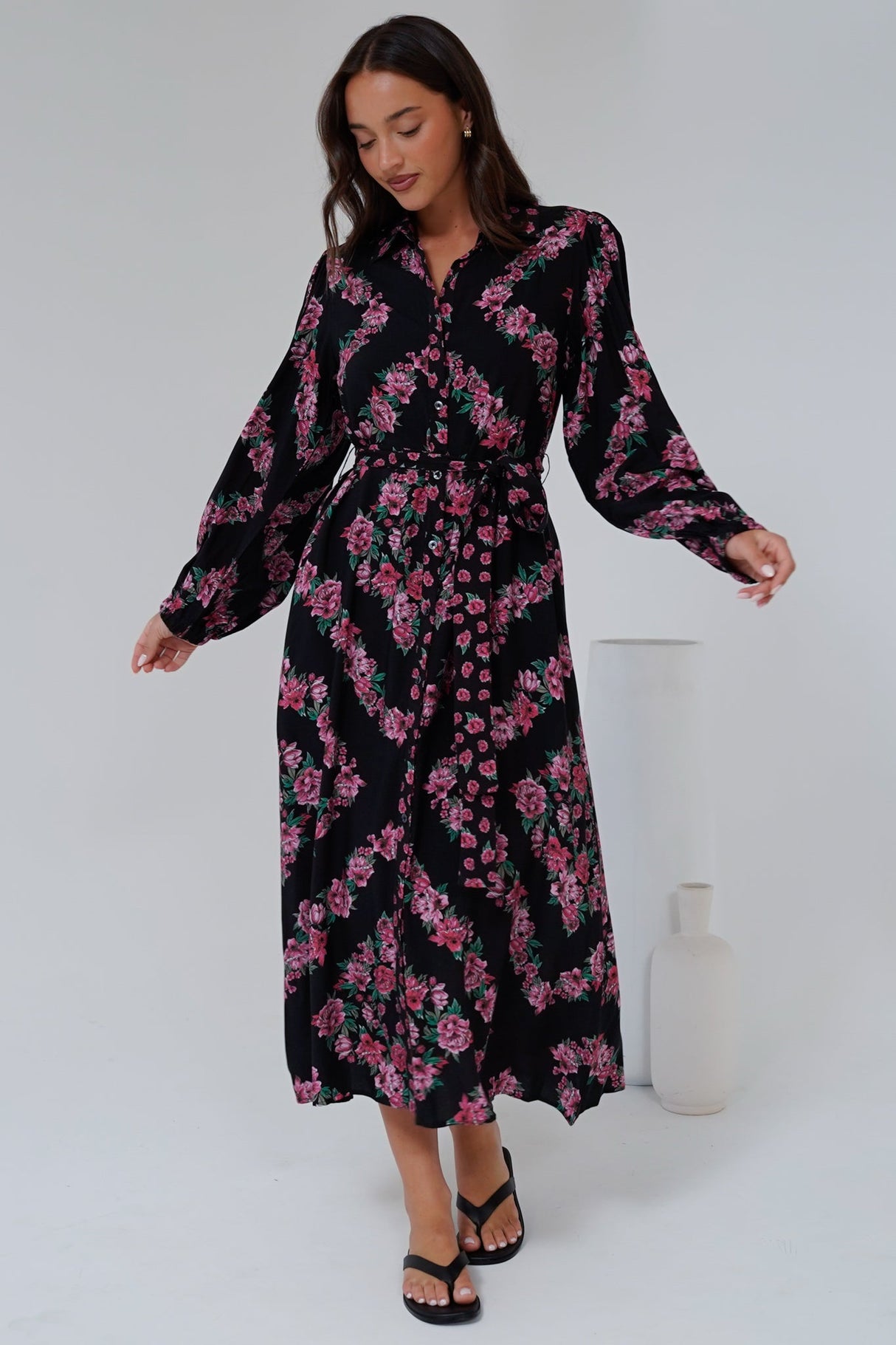 Faith Midi Dress - Collared Shirt Dress with Matching Belt in Love Story Print