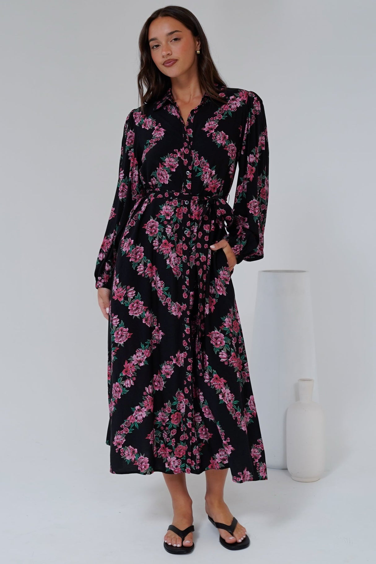 Faith Midi Dress - Collared Shirt Dress with Matching Belt in Love Story Print