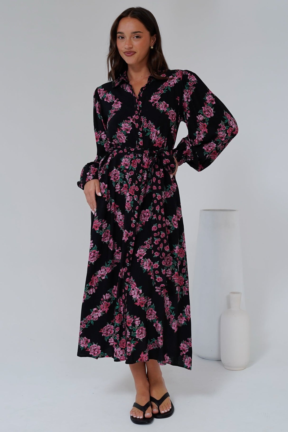 Faith Midi Dress - Collared Shirt Dress with Matching Belt in Love Story Print