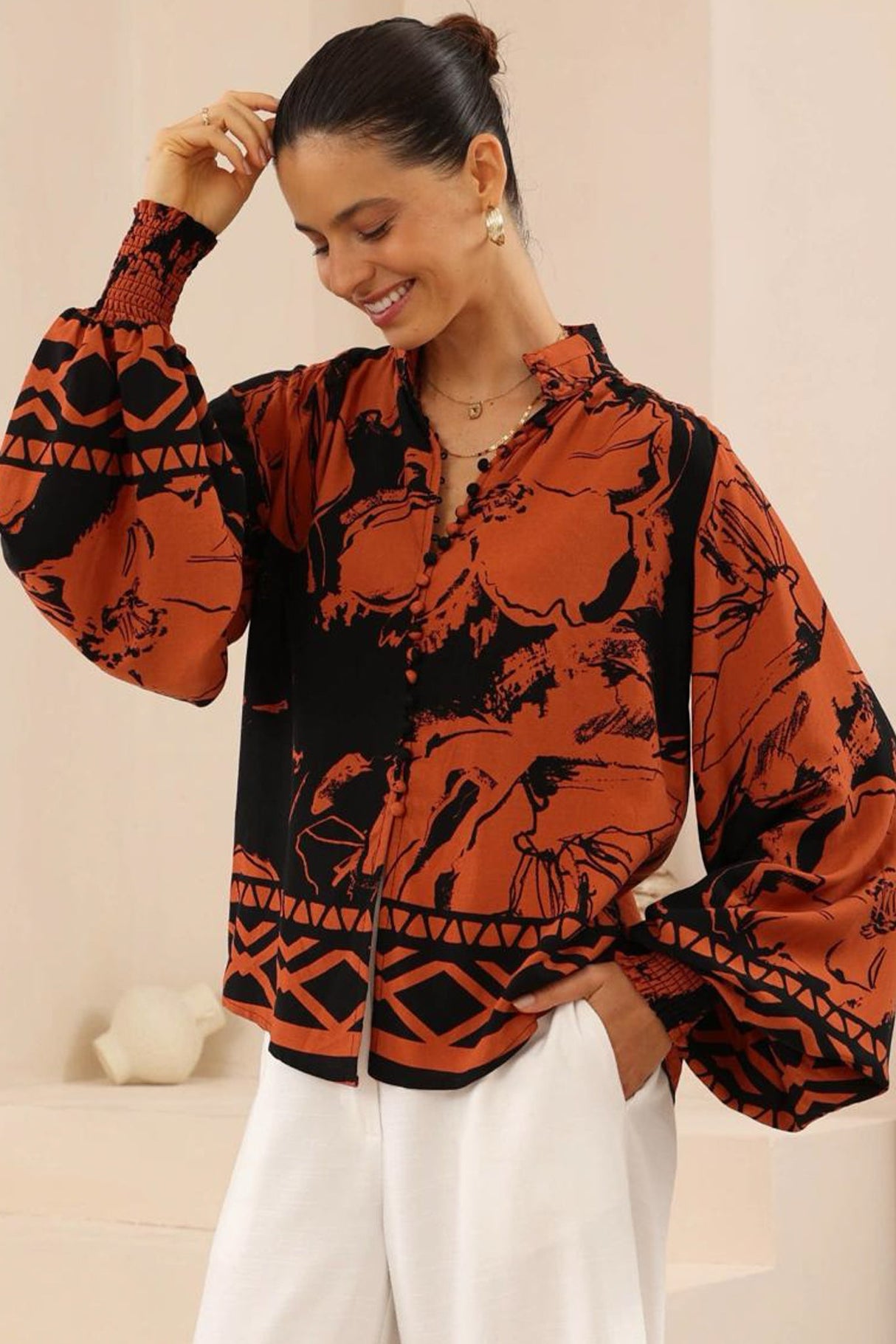 Faye Blouse - Mandarin Collar Balloon Sleeve Button Down Shirt in Joslyn Print