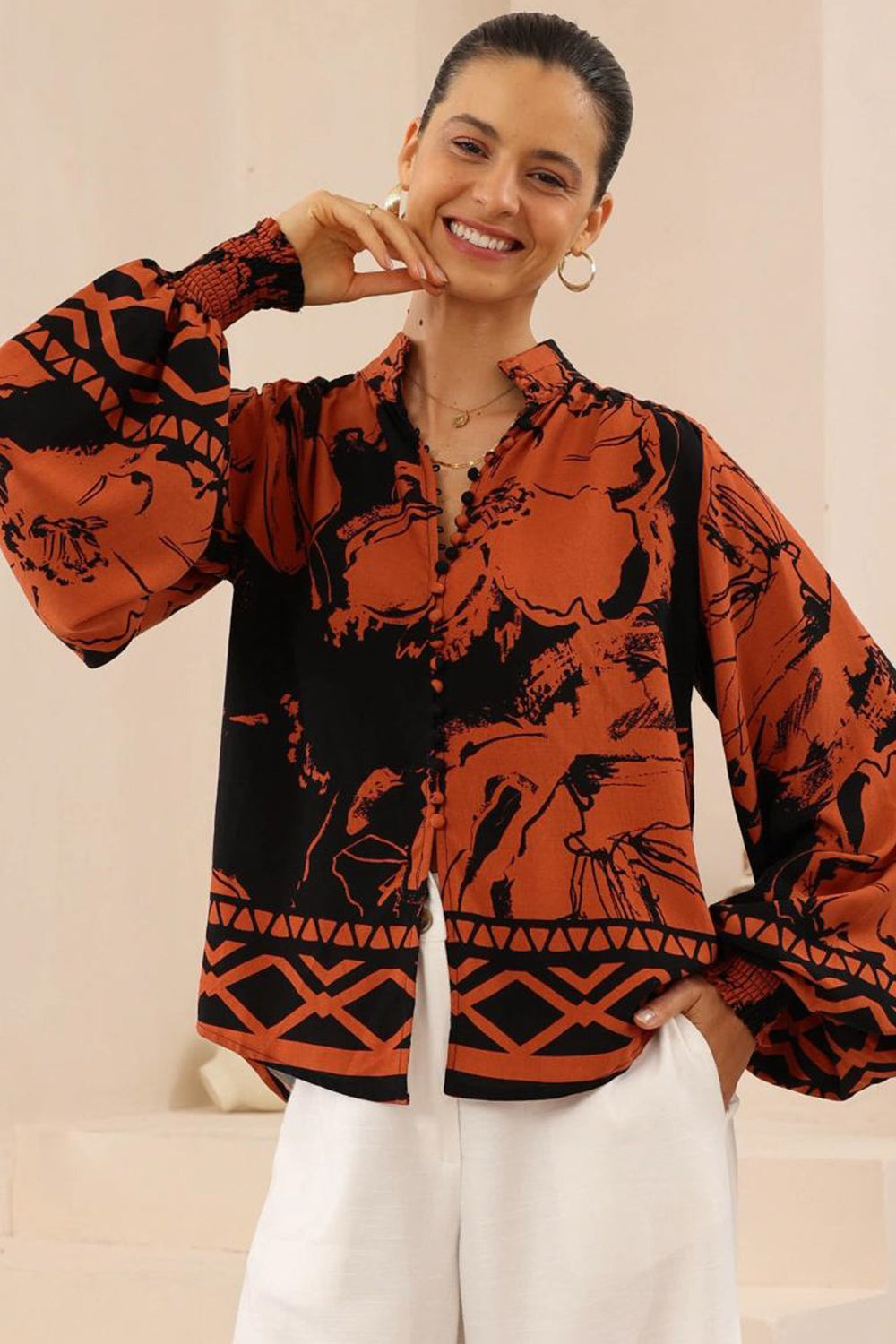 Faye Blouse - Mandarin Collar Balloon Sleeve Button Down Shirt in Joslyn Print