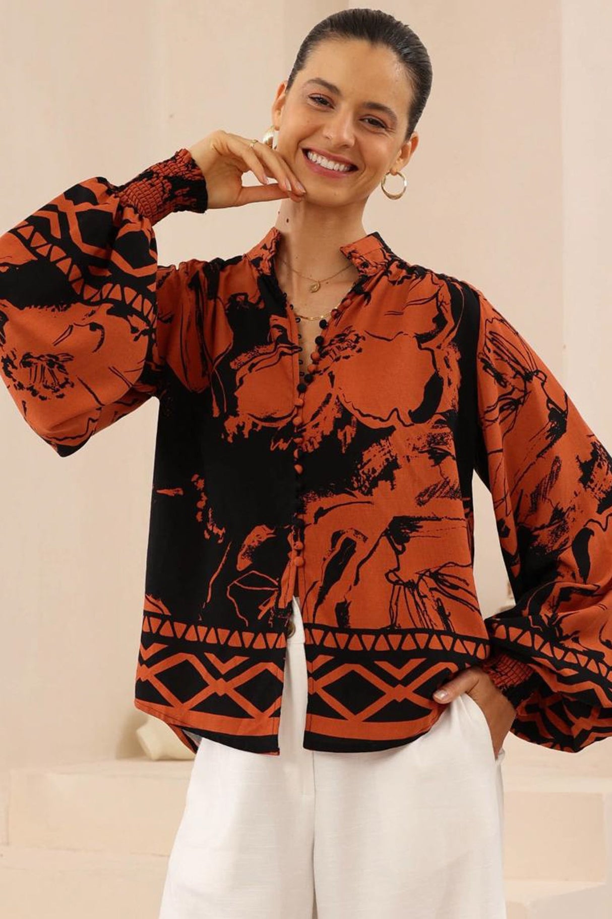 Faye Blouse - Mandarin Collar Balloon Sleeve Button Down Shirt in Joslyn Print