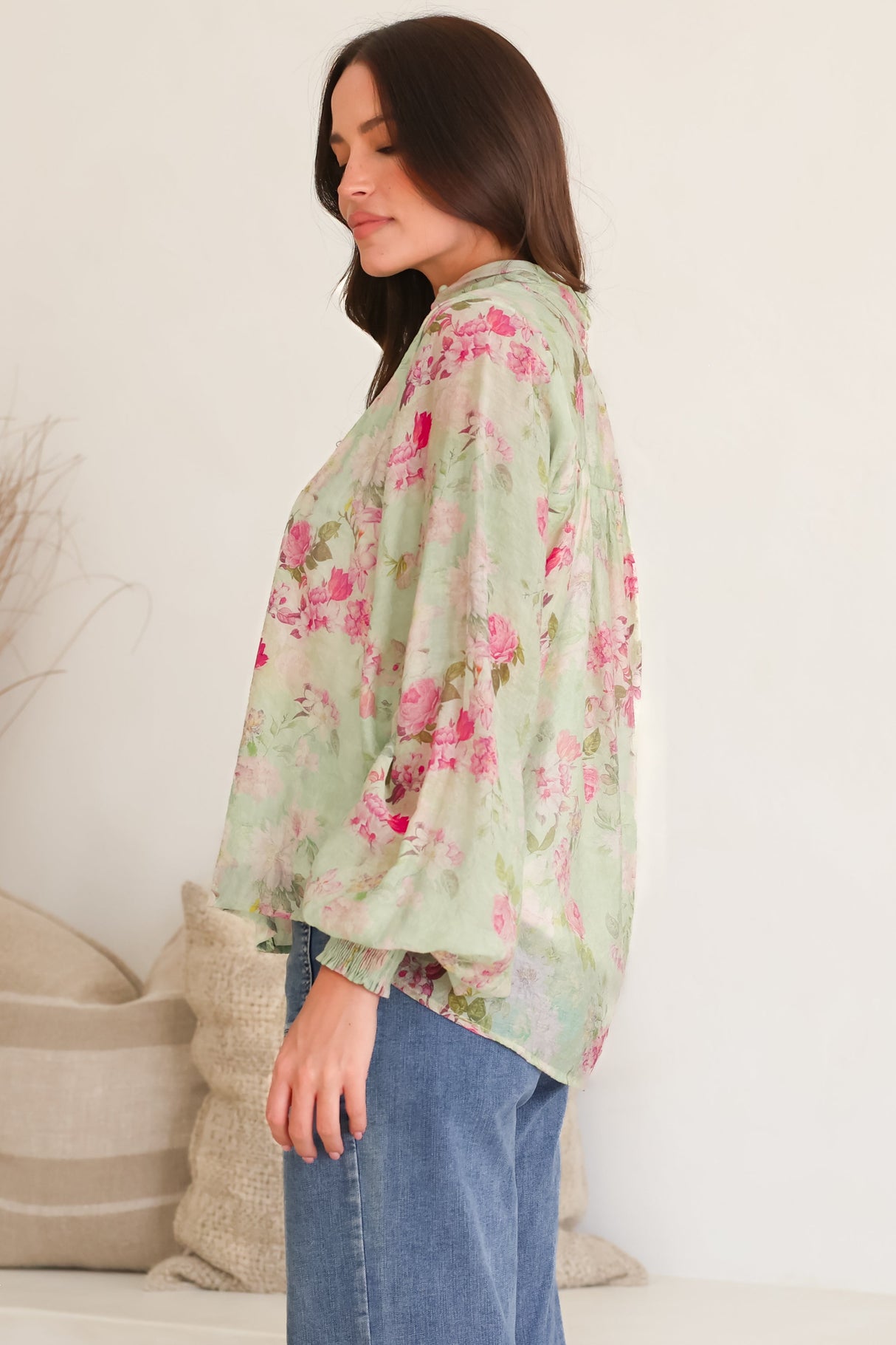 Faye Blouse - Mandarin Collar Balloon Sleeve Button Down Shirt in Rosemarie Print