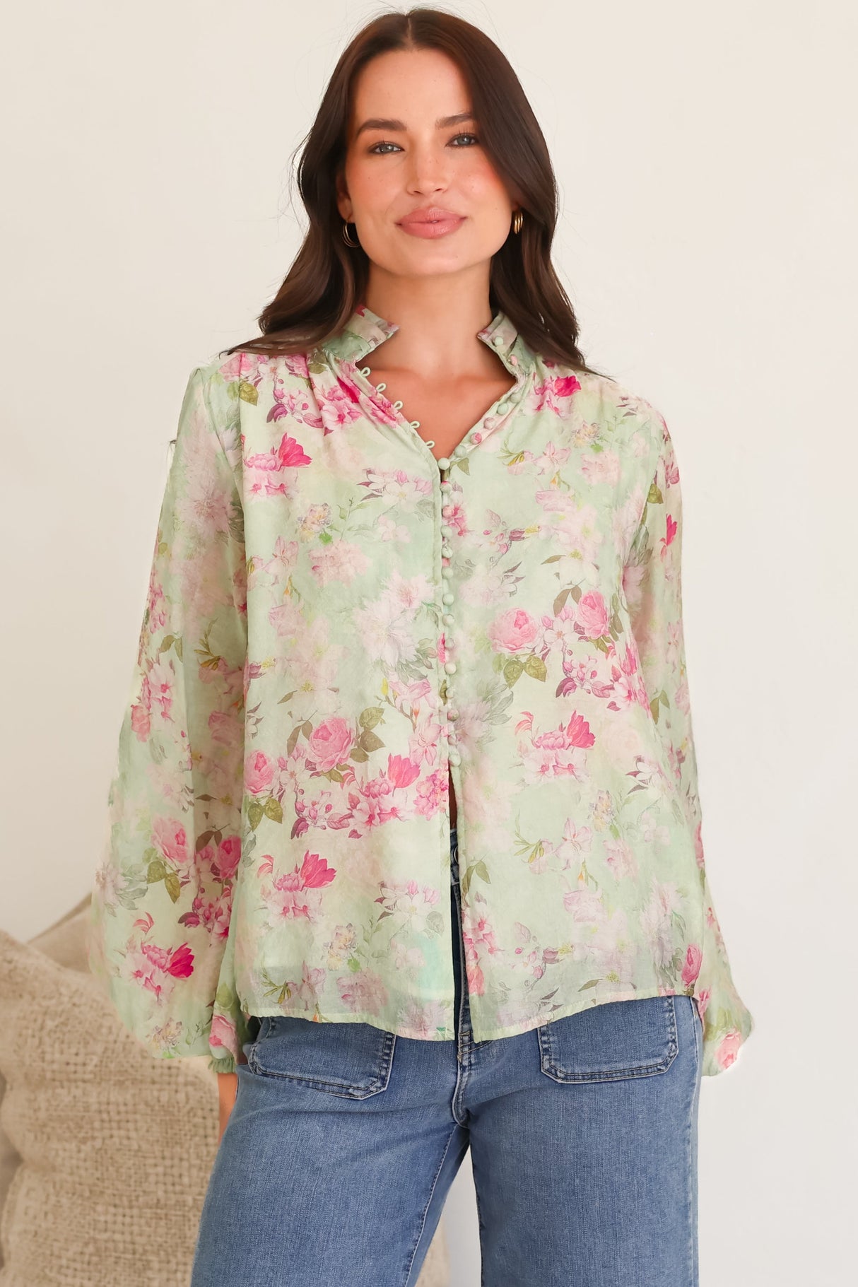 Faye Blouse - Mandarin Collar Balloon Sleeve Button Down Shirt in Rosemarie Print