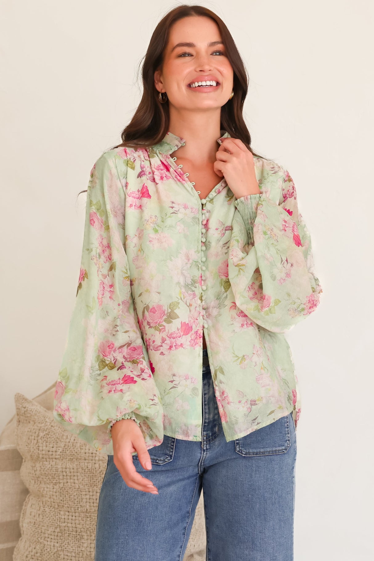Faye Blouse - Mandarin Collar Balloon Sleeve Button Down Shirt in Rosemarie Print