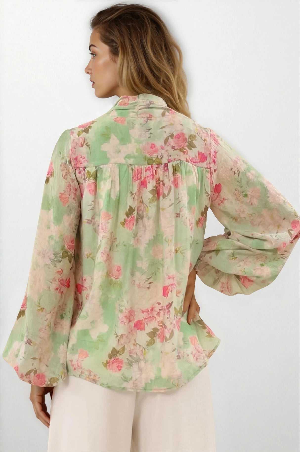 Faye Blouse - Mandarin Collar Balloon Sleeve Button Down Shirt in Rosemarie Print