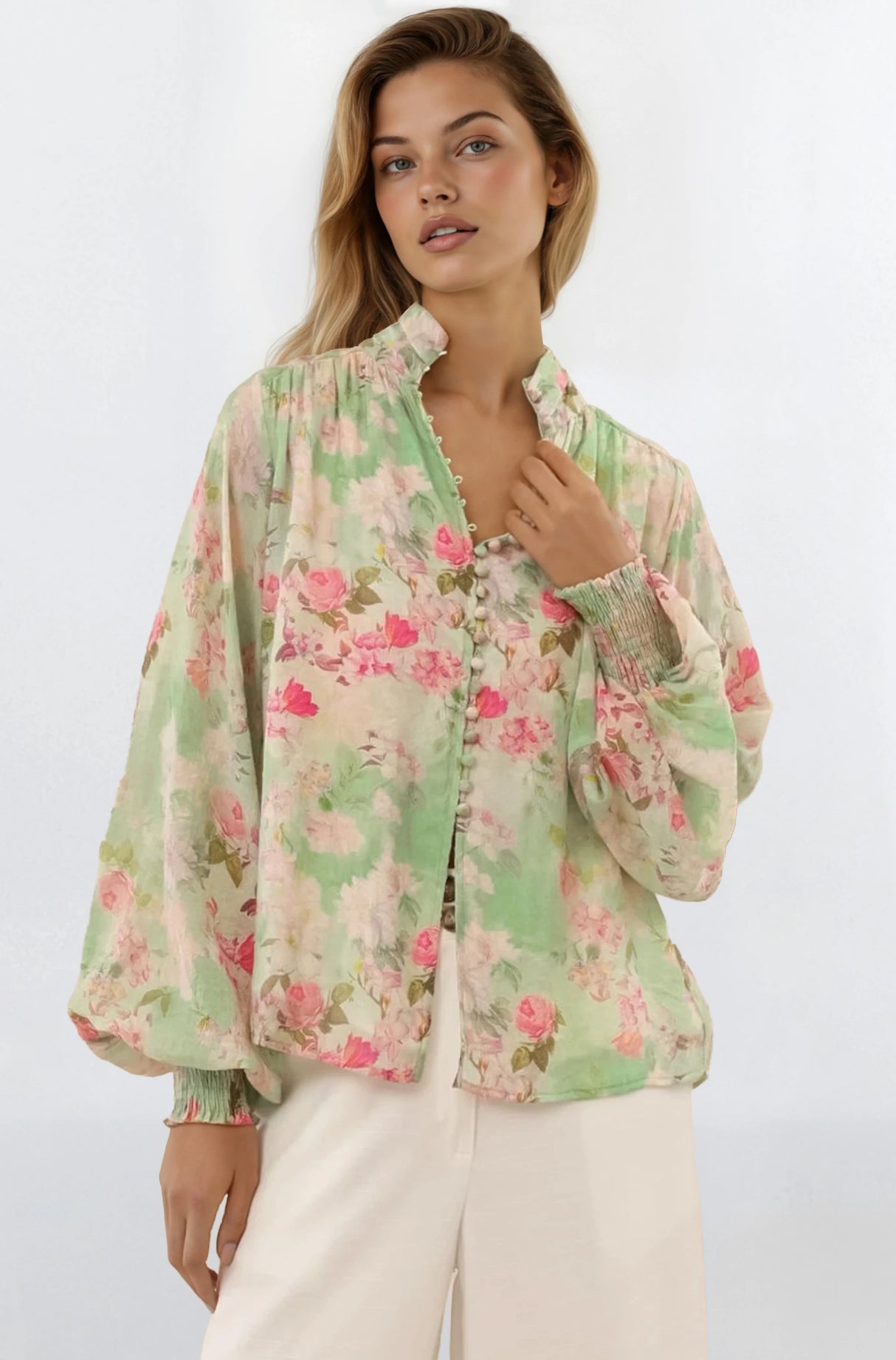 Faye Blouse - Mandarin Collar Balloon Sleeve Button Down Shirt in Rosemarie Print