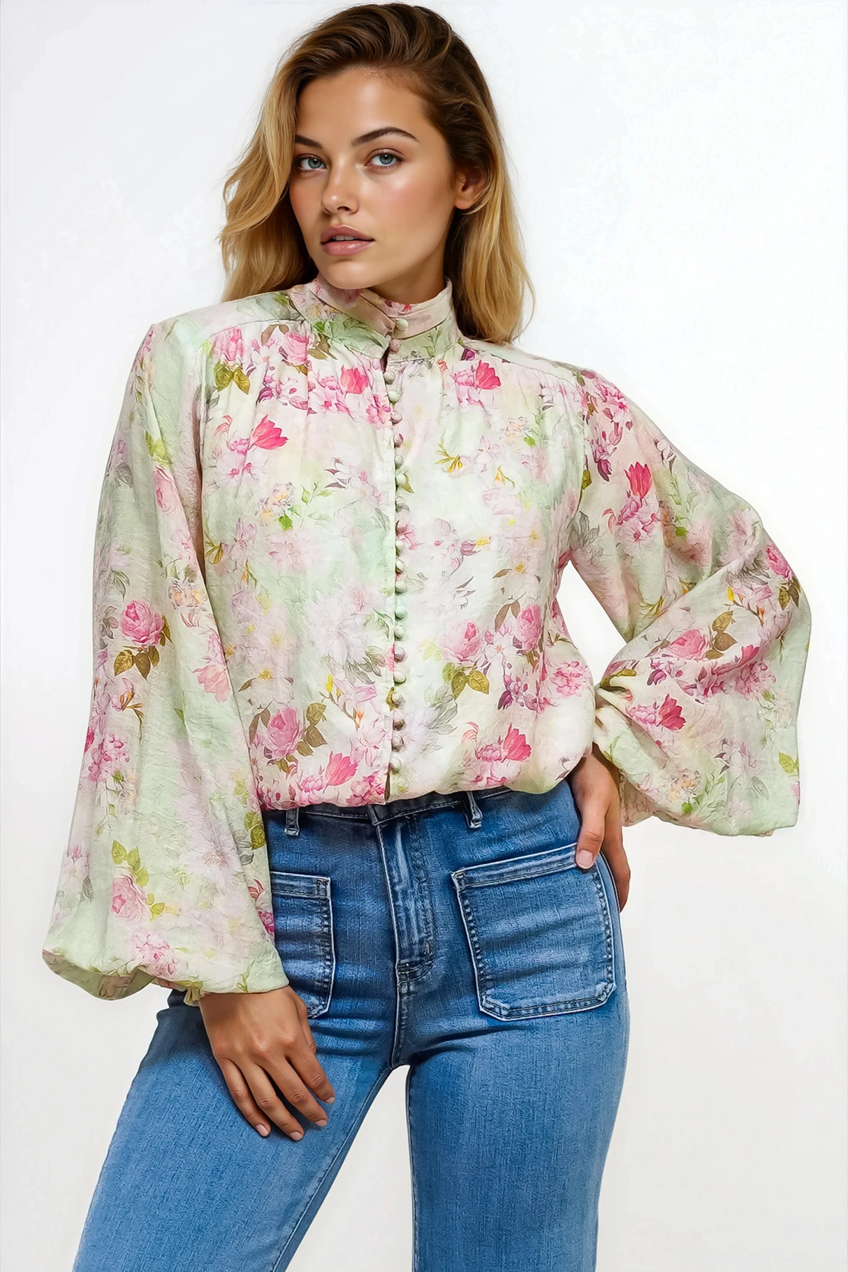 Faye Blouse - Mandarin Collar Balloon Sleeve Button Down Shirt in Rosemarie Print