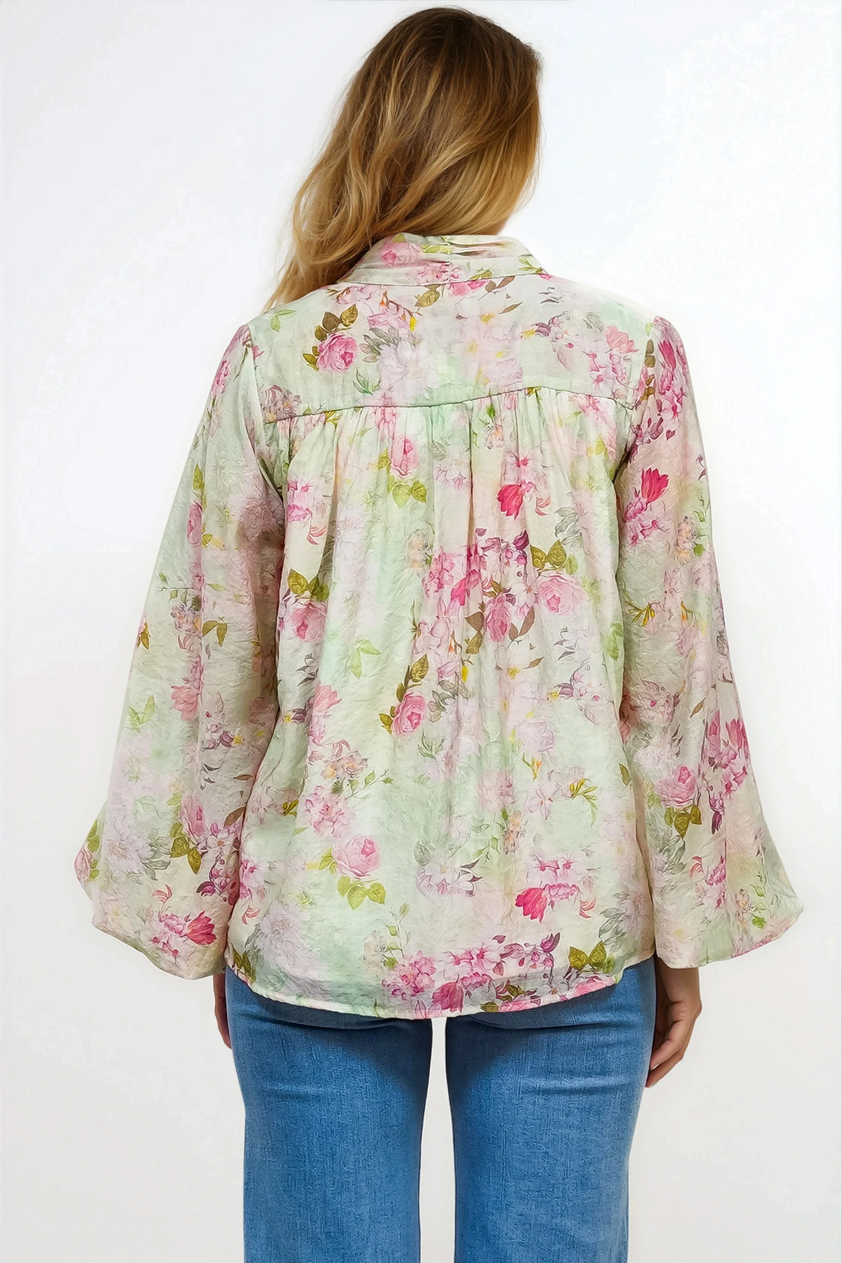 Faye Blouse - Mandarin Collar Balloon Sleeve Button Down Shirt in Rosemarie Print