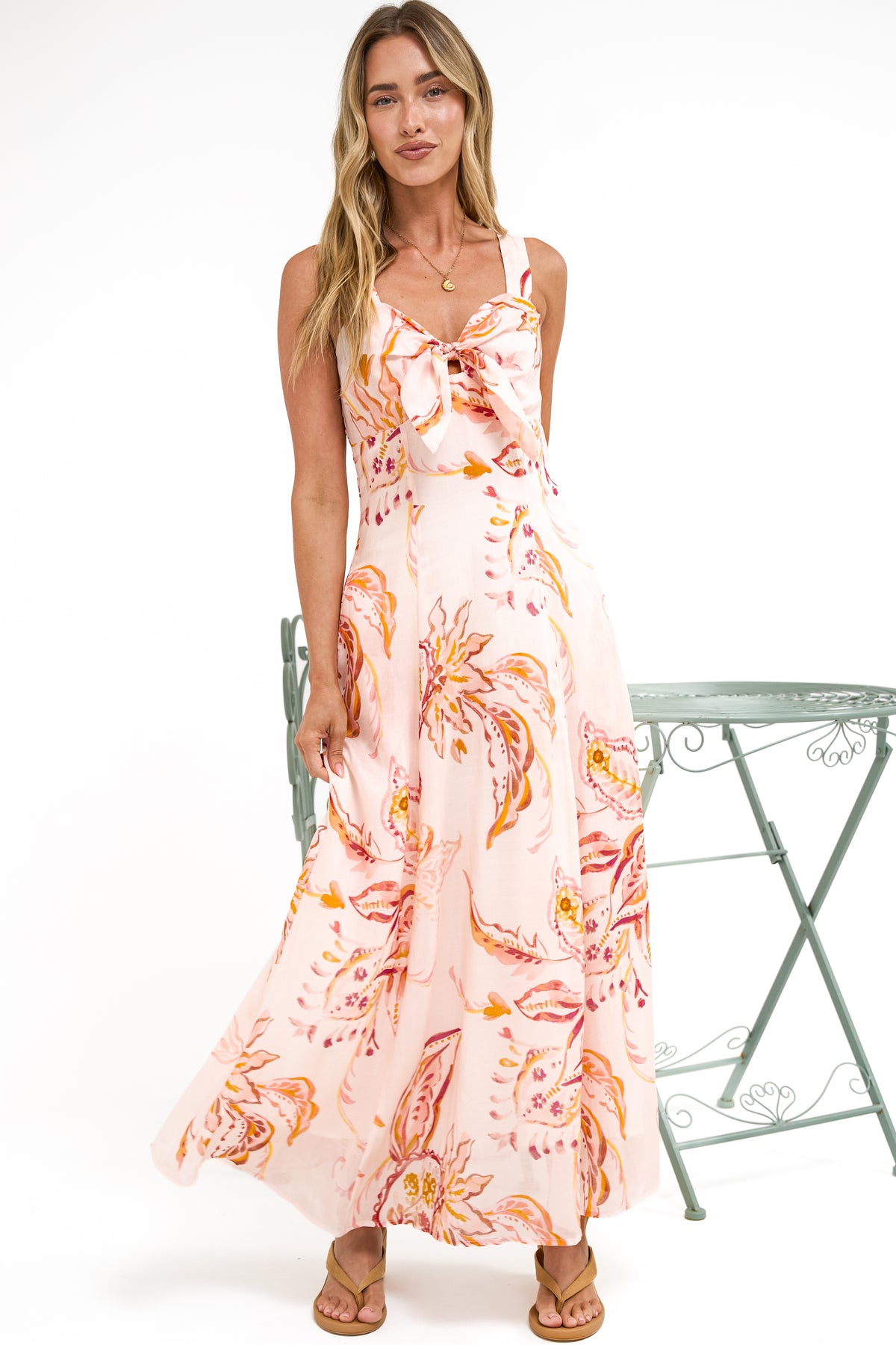 Fern Maxi Dress - Sweetheart Front Tie Bodice A-Line Dress with Pockets in Tithonia Print