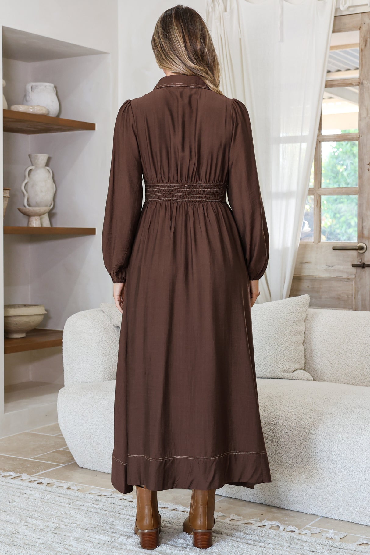 Ferris Midi Dress - Collared Button Bodice A-Line Dress with Long Sleeves in Chocolate