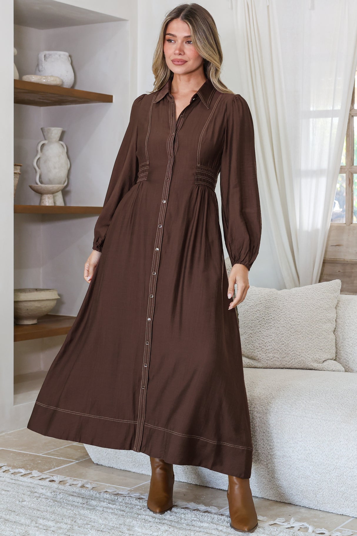 Ferris Midi Dress - Collared Button Bodice A-Line Dress with Long Sleeves in Chocolate