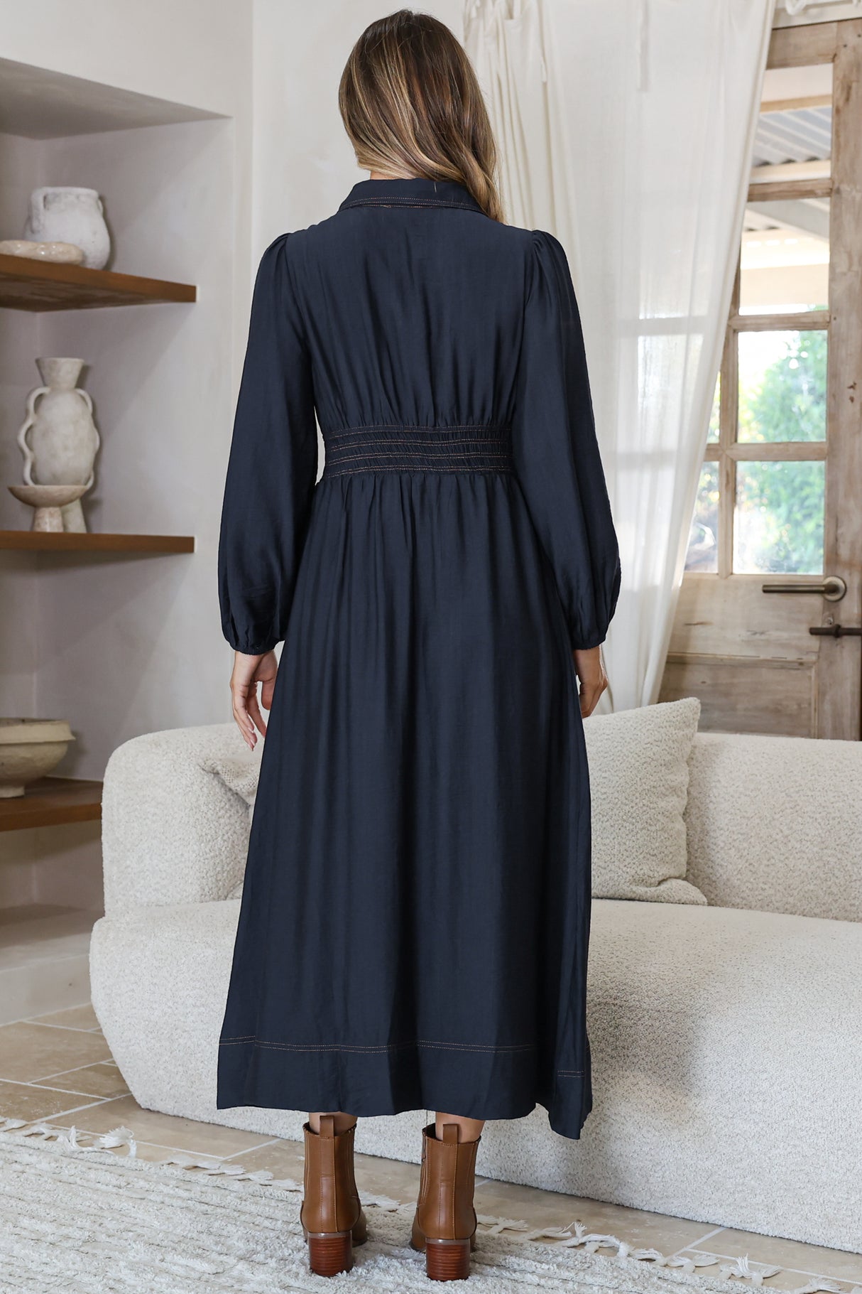 Ferris Midi Dress - Collared Button Bodice A-Line Dress with Long Sleeves in Navy