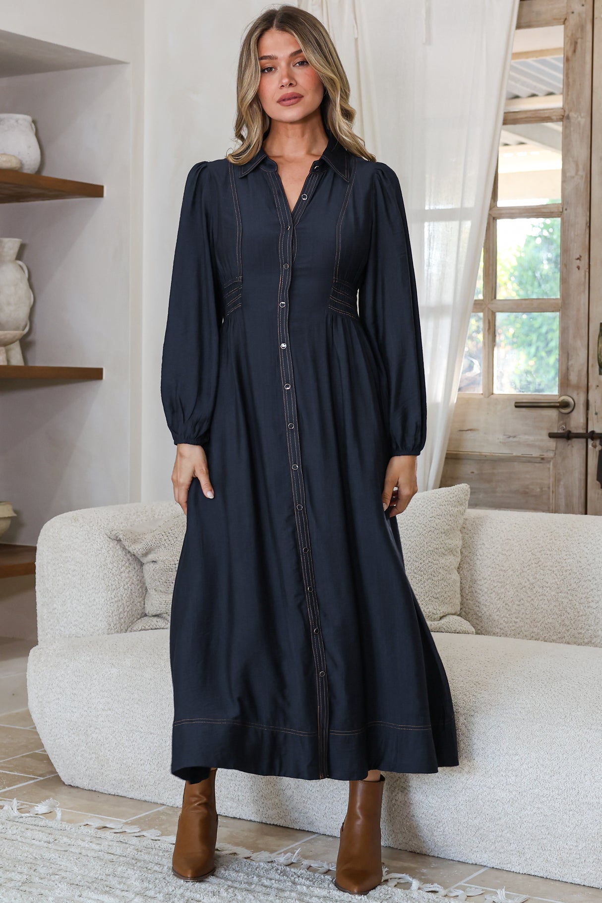 Ferris Midi Dress - Collared Button Bodice A-Line Dress with Long Sleeves in Navy