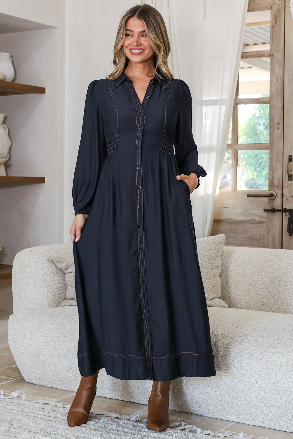 Ferris Midi Dress - Collared Button Bodice A-Line Dress with Long Sleeves in Navy