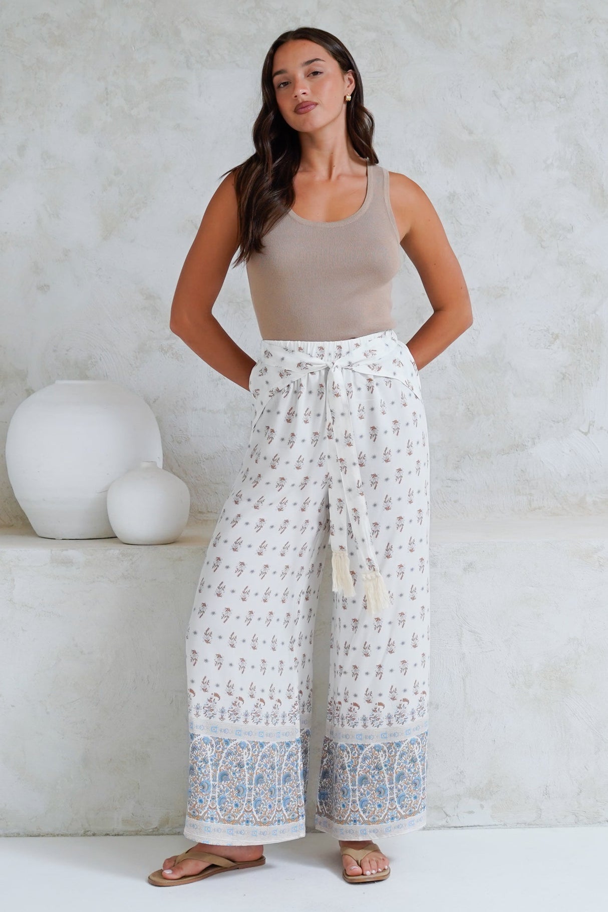 Finlee Pants - Attached Wrap Belt with Tassels Wide Leg Pants in Larina Print