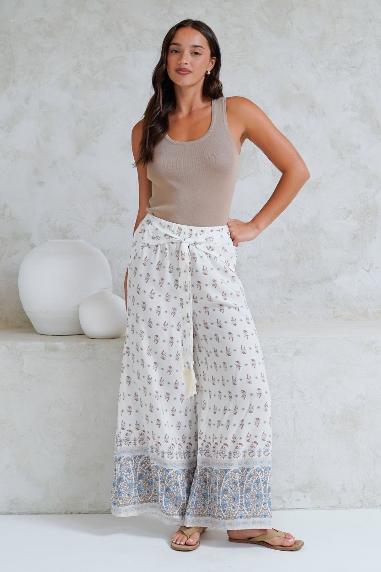 Finlee Pants - Attached Wrap Belt with Tassels Wide Leg Pants in Larina Print