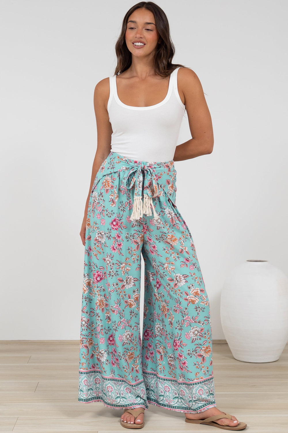 Finlee Pants - Attached Wrap Belt with Tassels Wide Leg Pants in Shirley Print