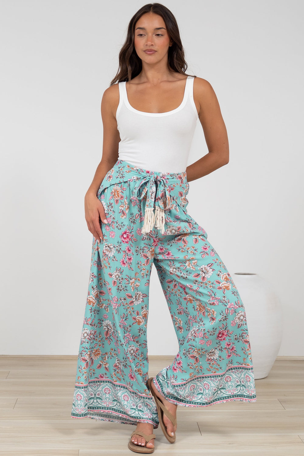 Finlee Pants - Attached Wrap Belt with Tassels Wide Leg Pants in Shirley Print