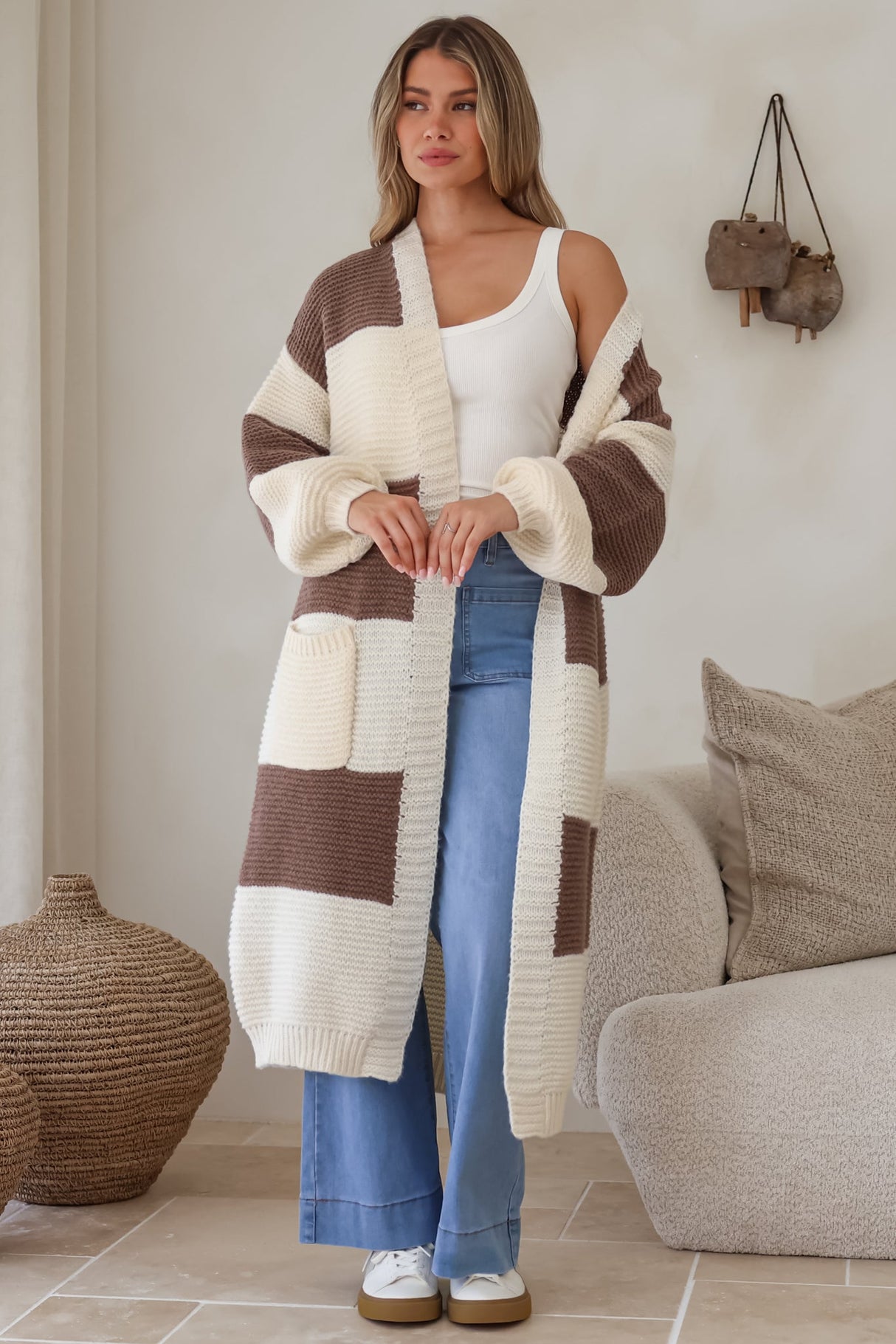 Finneas Cardigan - Longline Open Front Knit with Balloon Sleeves and Pockets in Brown