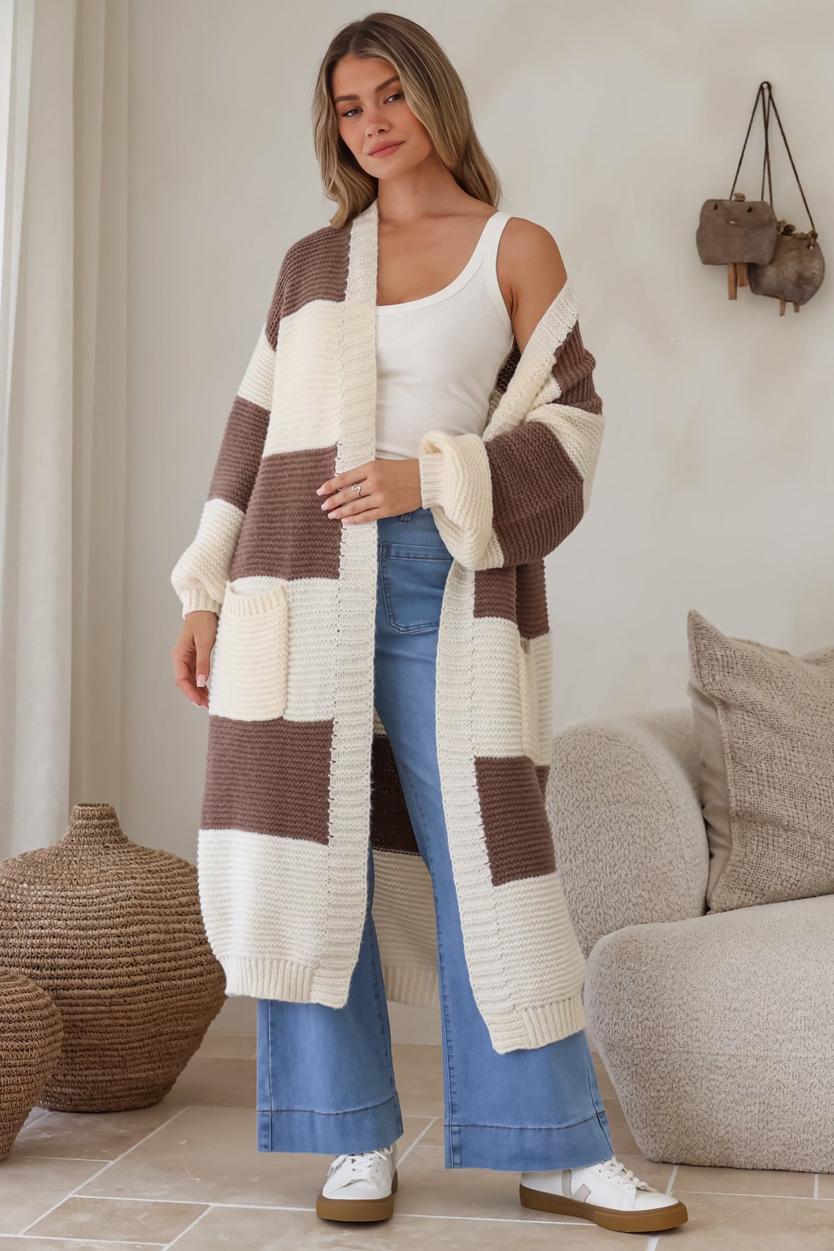 Finneas Cardigan - Longline Open Front Knit with Balloon Sleeves and Pockets in Brown