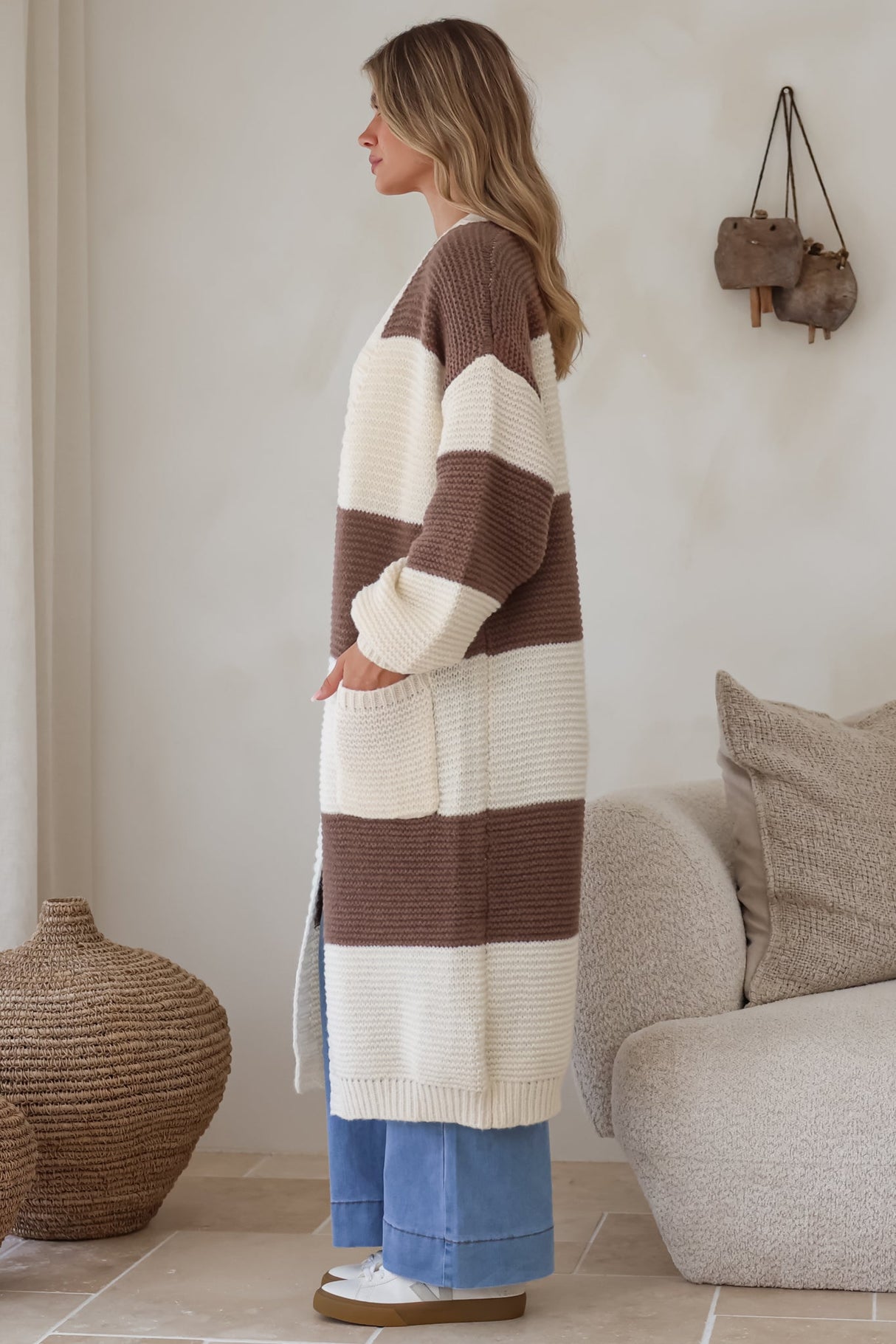 Finneas Cardigan - Longline Open Front Knit with Balloon Sleeves and Pockets in Brown