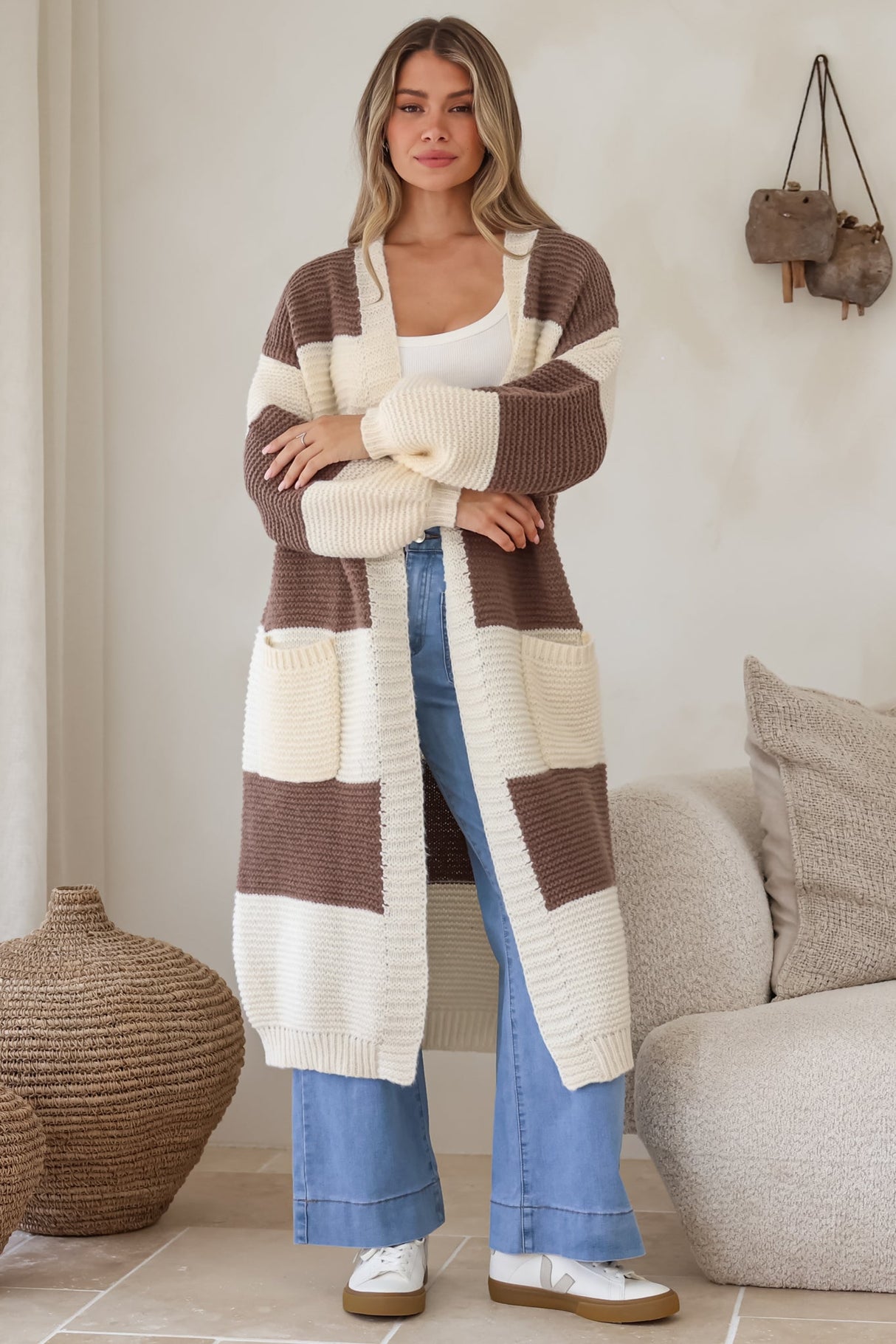 Finneas Cardigan - Longline Open Front Knit with Balloon Sleeves and Pockets in Brown