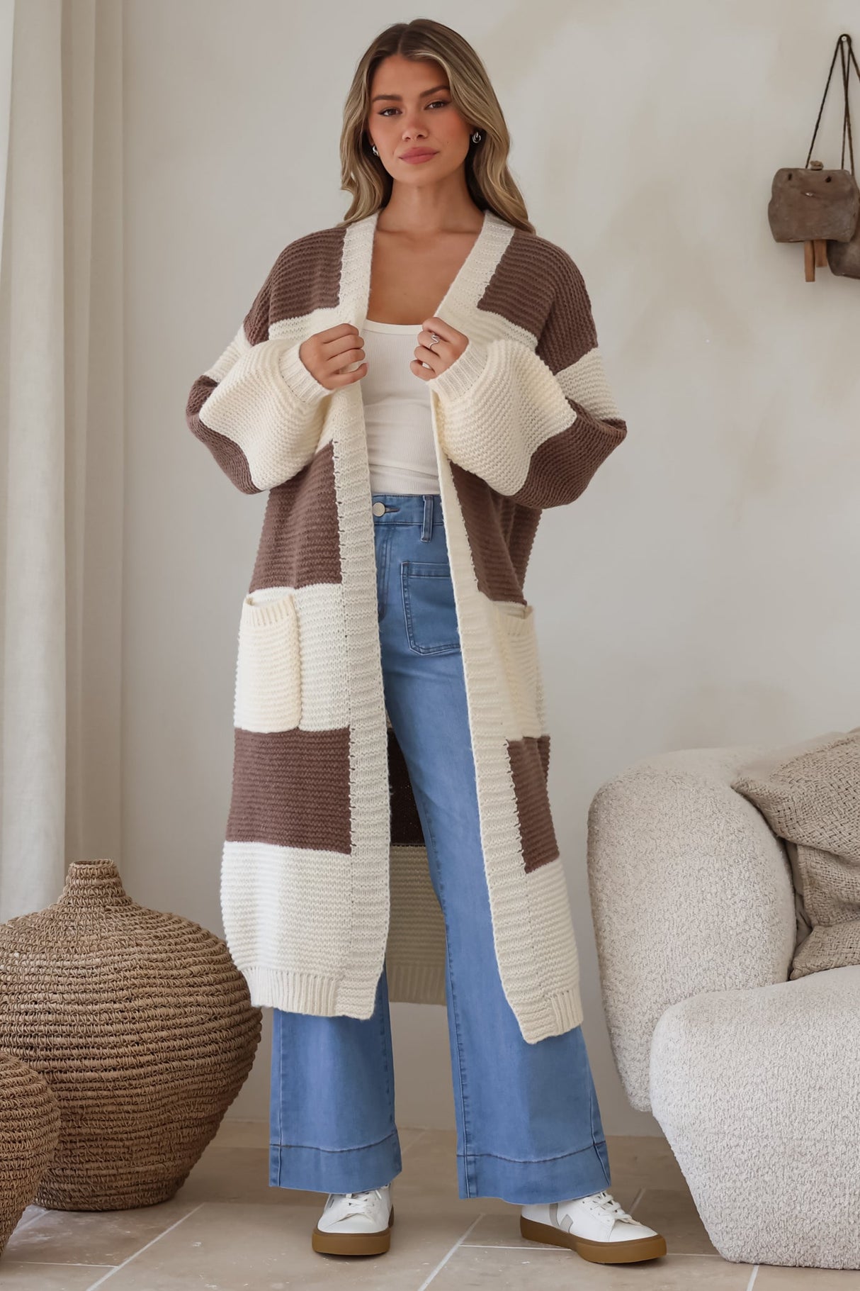 Finneas Cardigan - Longline Open Front Knit with Balloon Sleeves and Pockets in Brown