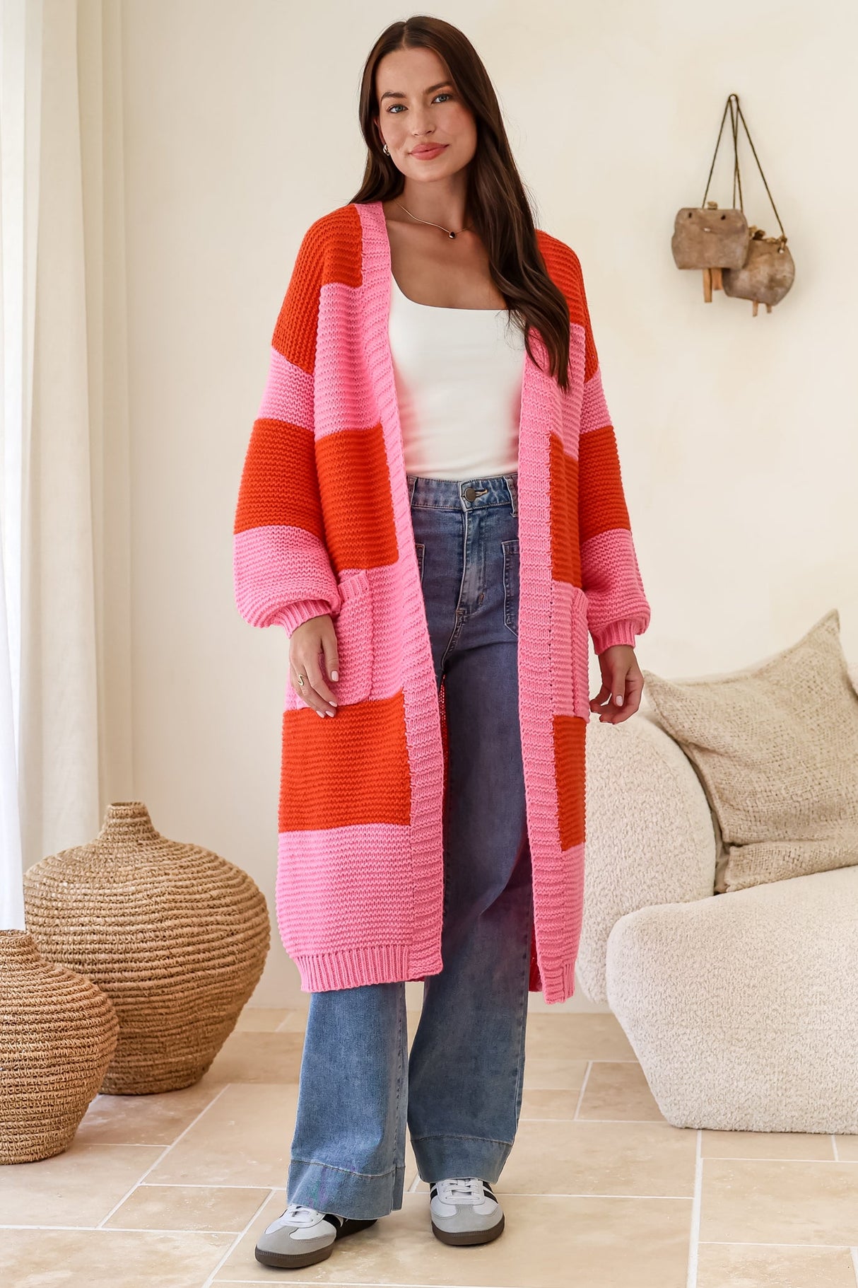 Finneas Cardigan - Longline Open Front Knit with Balloon Sleeves and Pockets in Pink