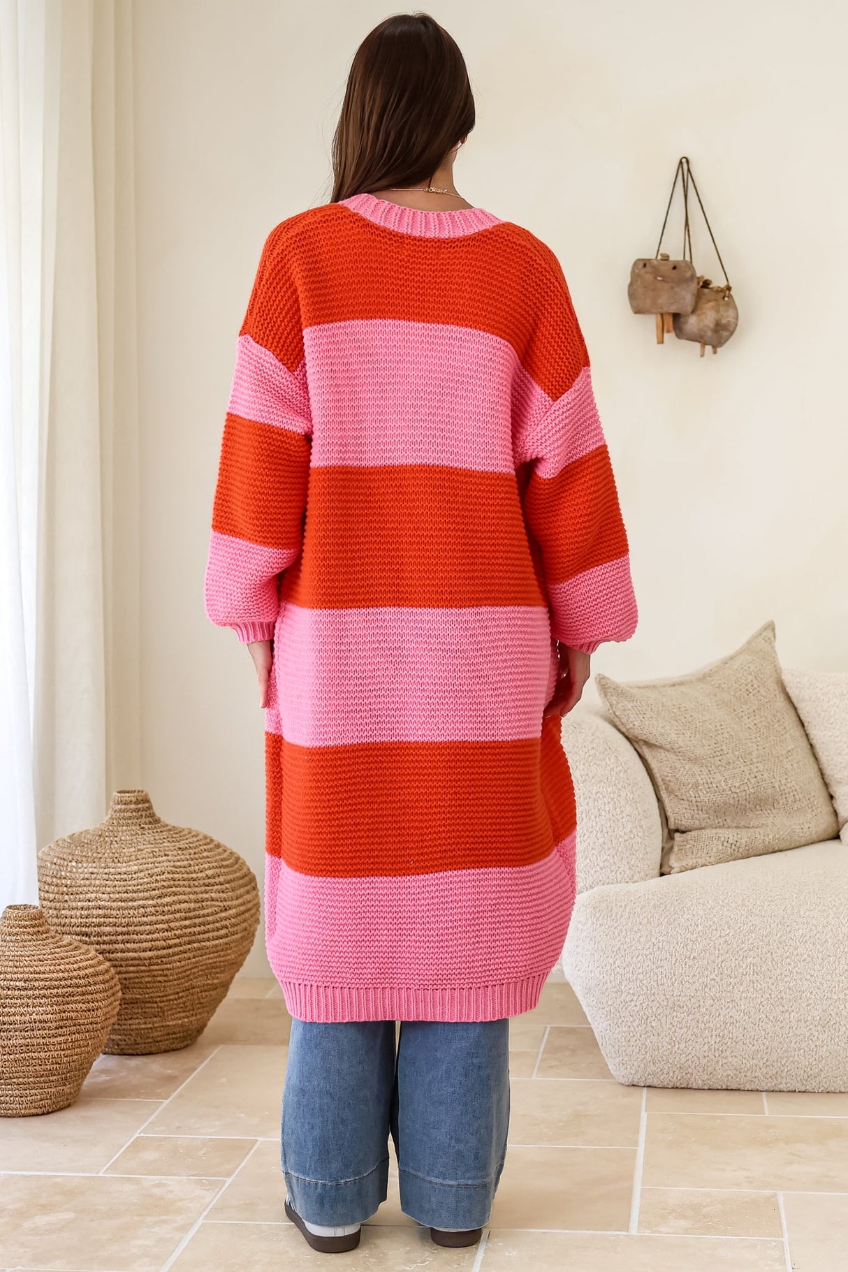 Finneas Cardigan - Longline Open Front Knit with Balloon Sleeves and Pockets in Pink