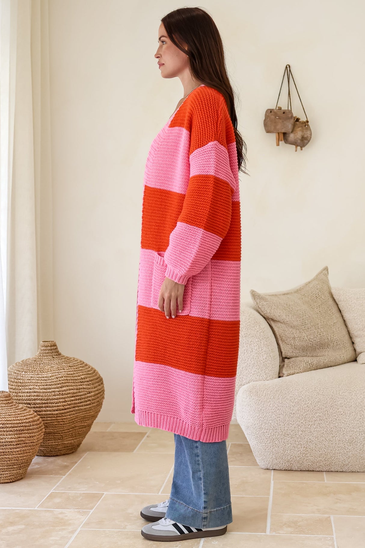 Finneas Cardigan - Longline Open Front Knit with Balloon Sleeves and Pockets in Pink