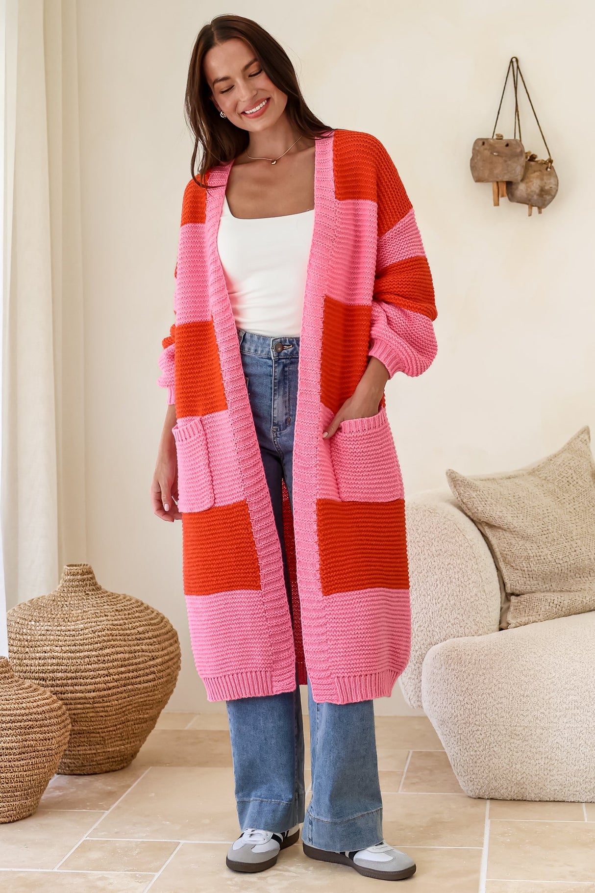 Finneas Cardigan - Longline Open Front Knit with Balloon Sleeves and Pockets in Pink